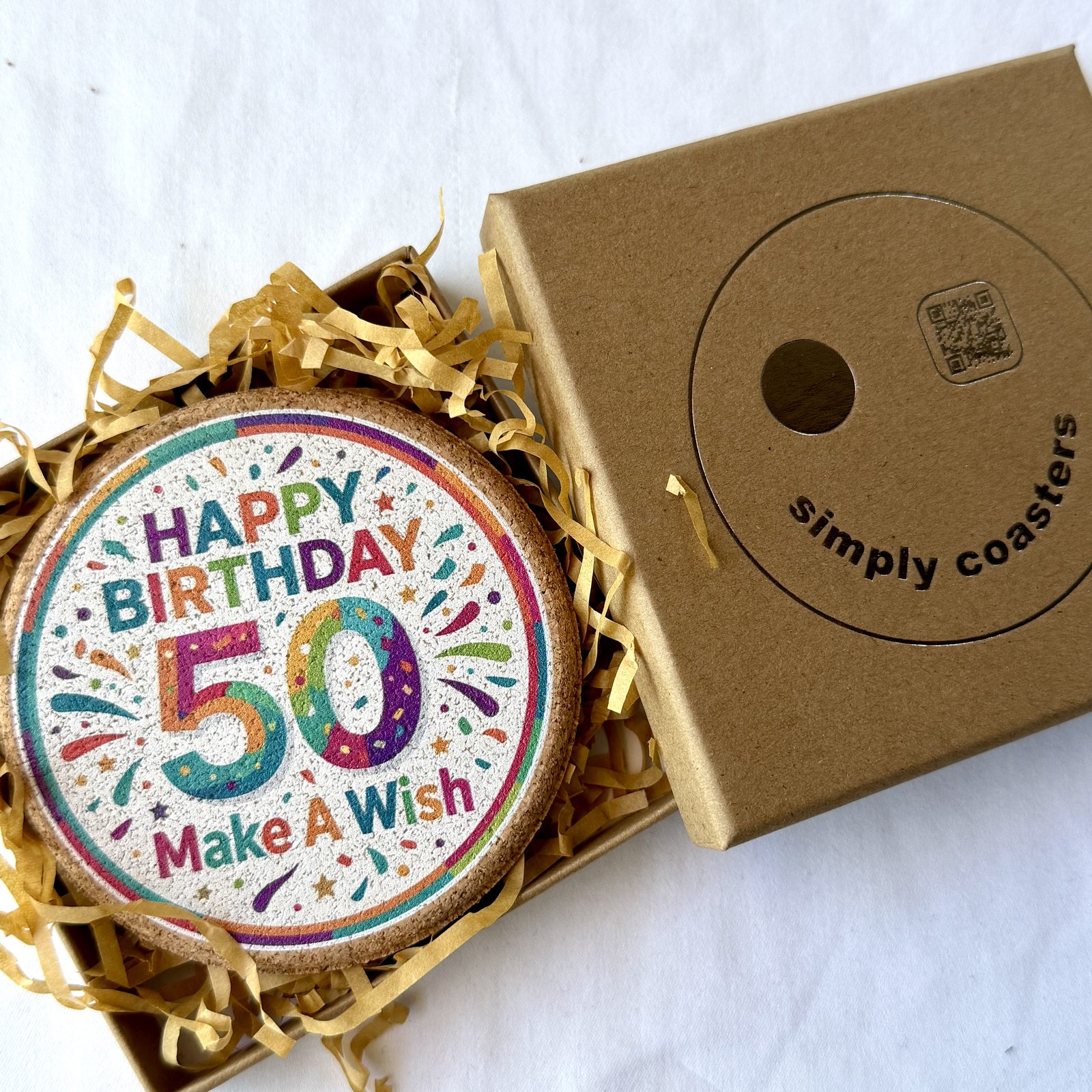50th Birthday — For Her birthday coaster in Simply Coasters branded Kraft gift box