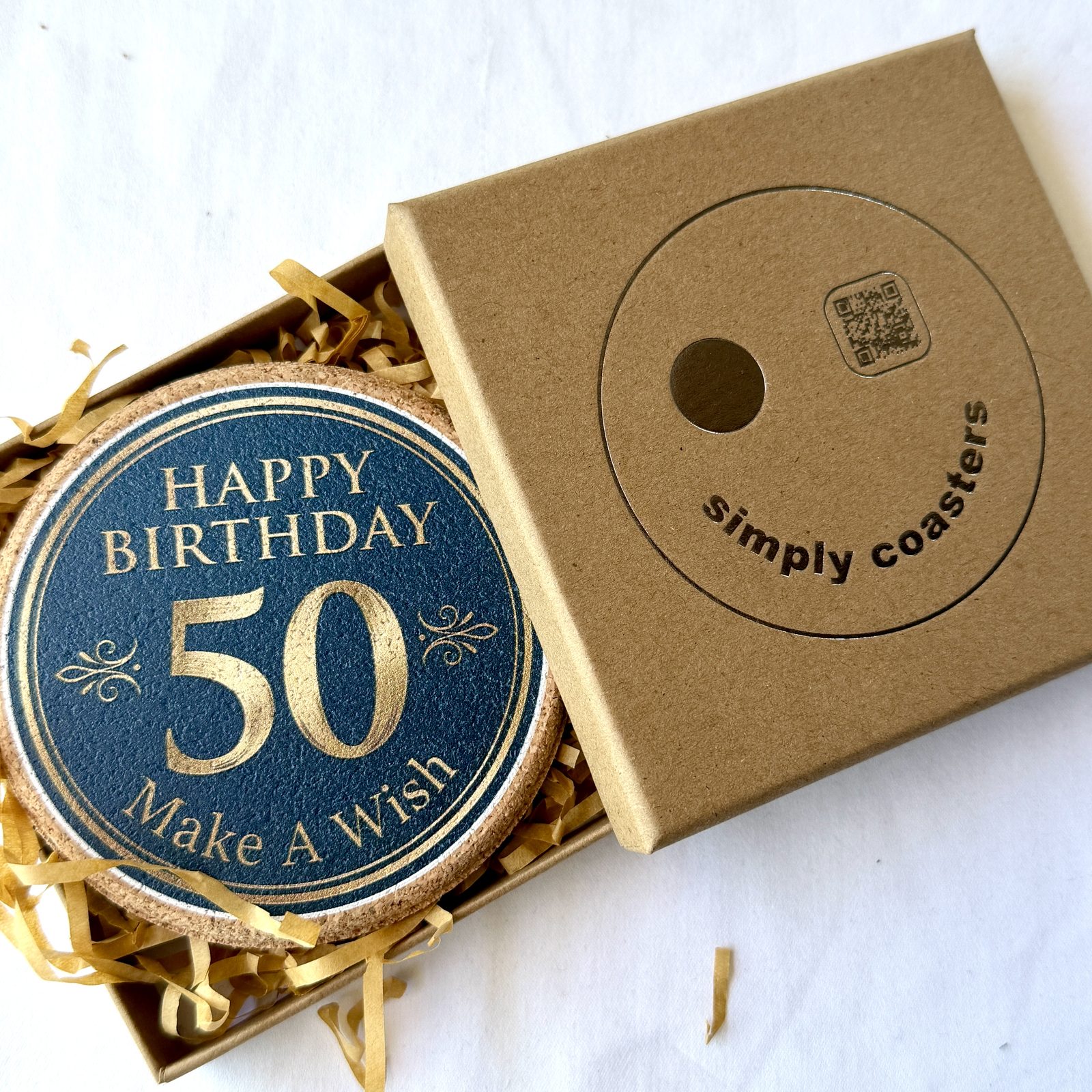 50th Birthday — For Him birthday coaster in Simply Coasters branded Kraft gift box