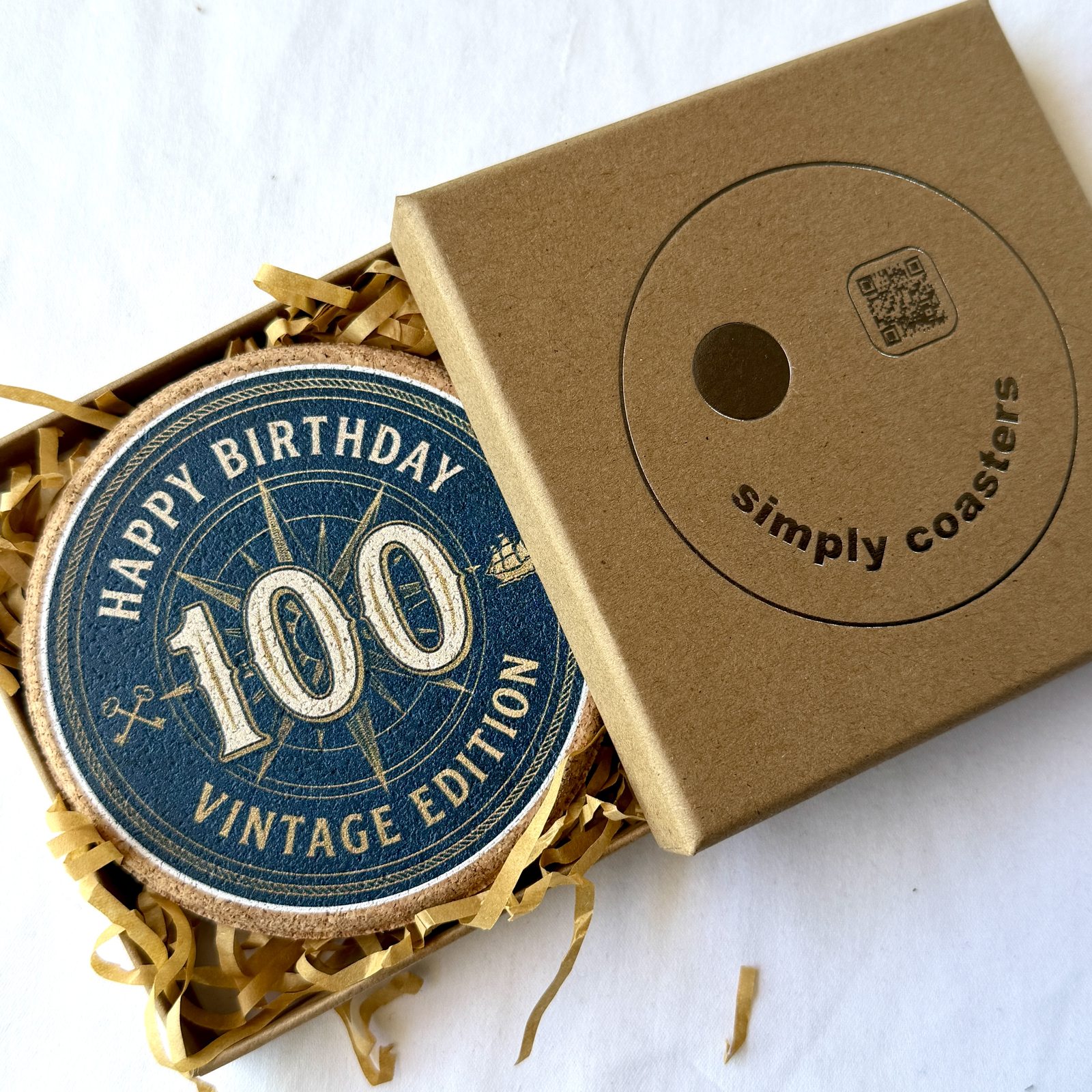 100th Birthday — For Him birthday coaster in Simply Coasters branded Kraft gift box