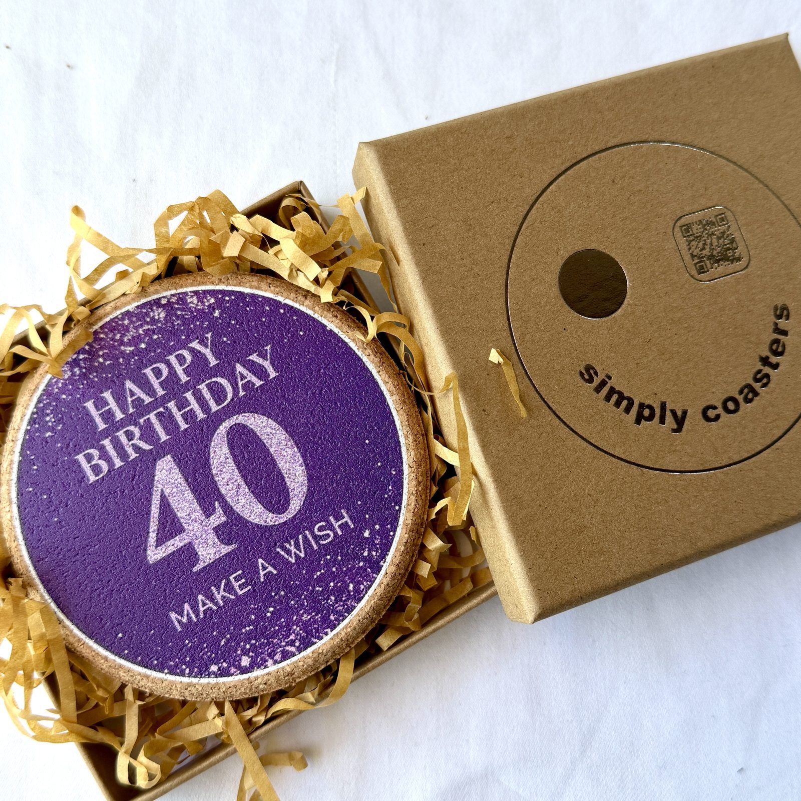 40th Birthday — For Her birthday coaster in Simply Coasters branded Kraft gift box