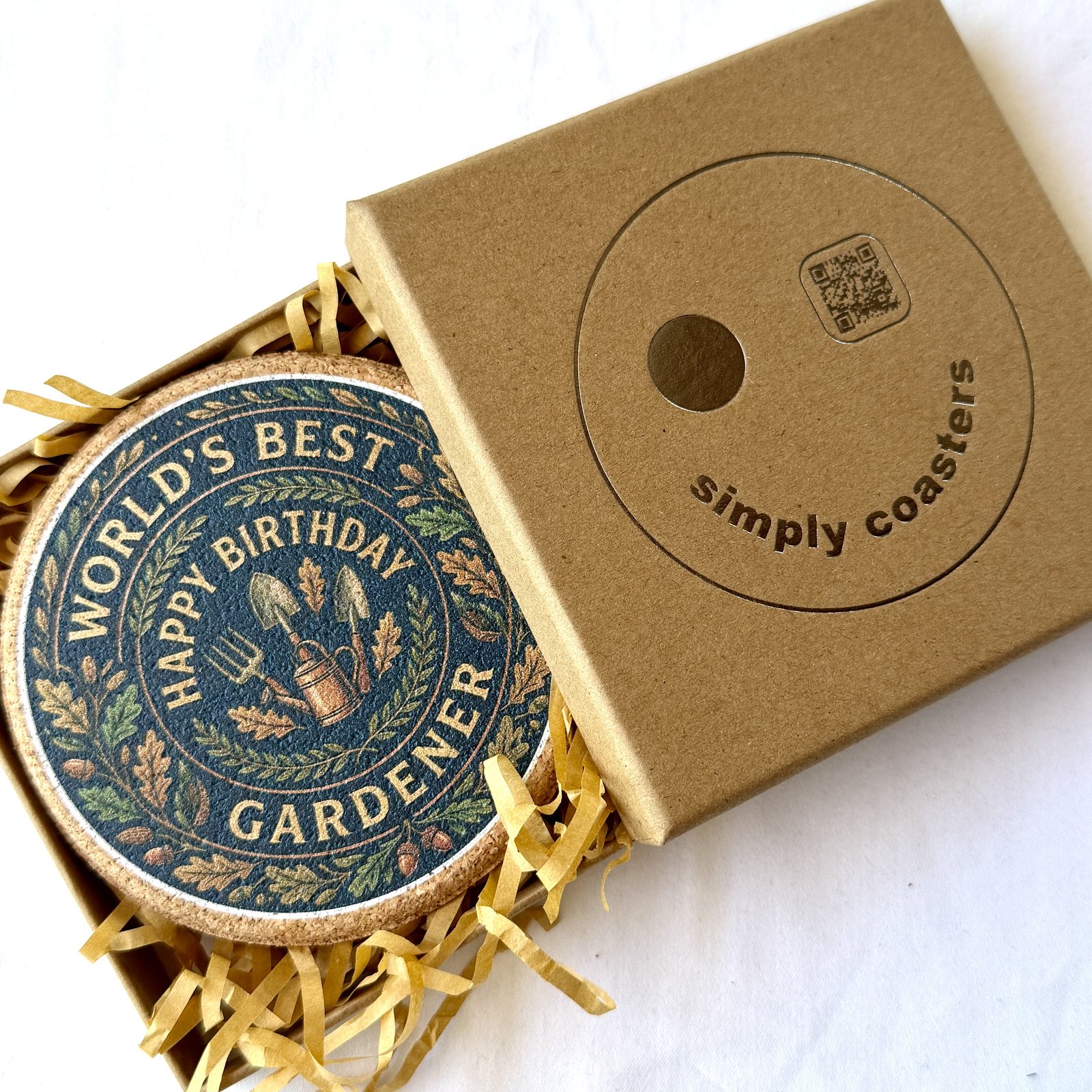 Gardener — For Him birthday coaster in Simply Coasters branded Kraft gift box