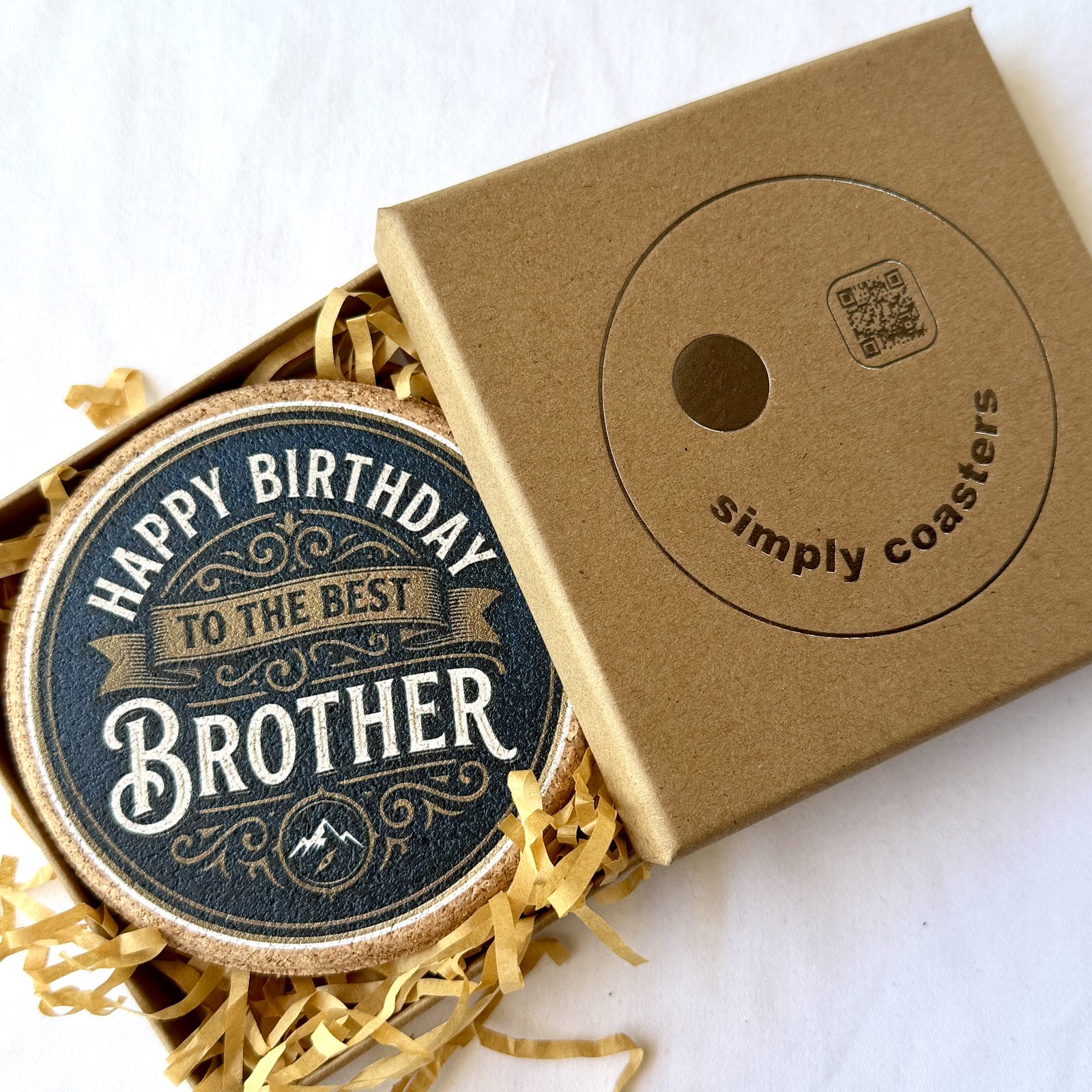 Best Brother — Navy birthday coaster in Simply Coasters branded Kraft gift box