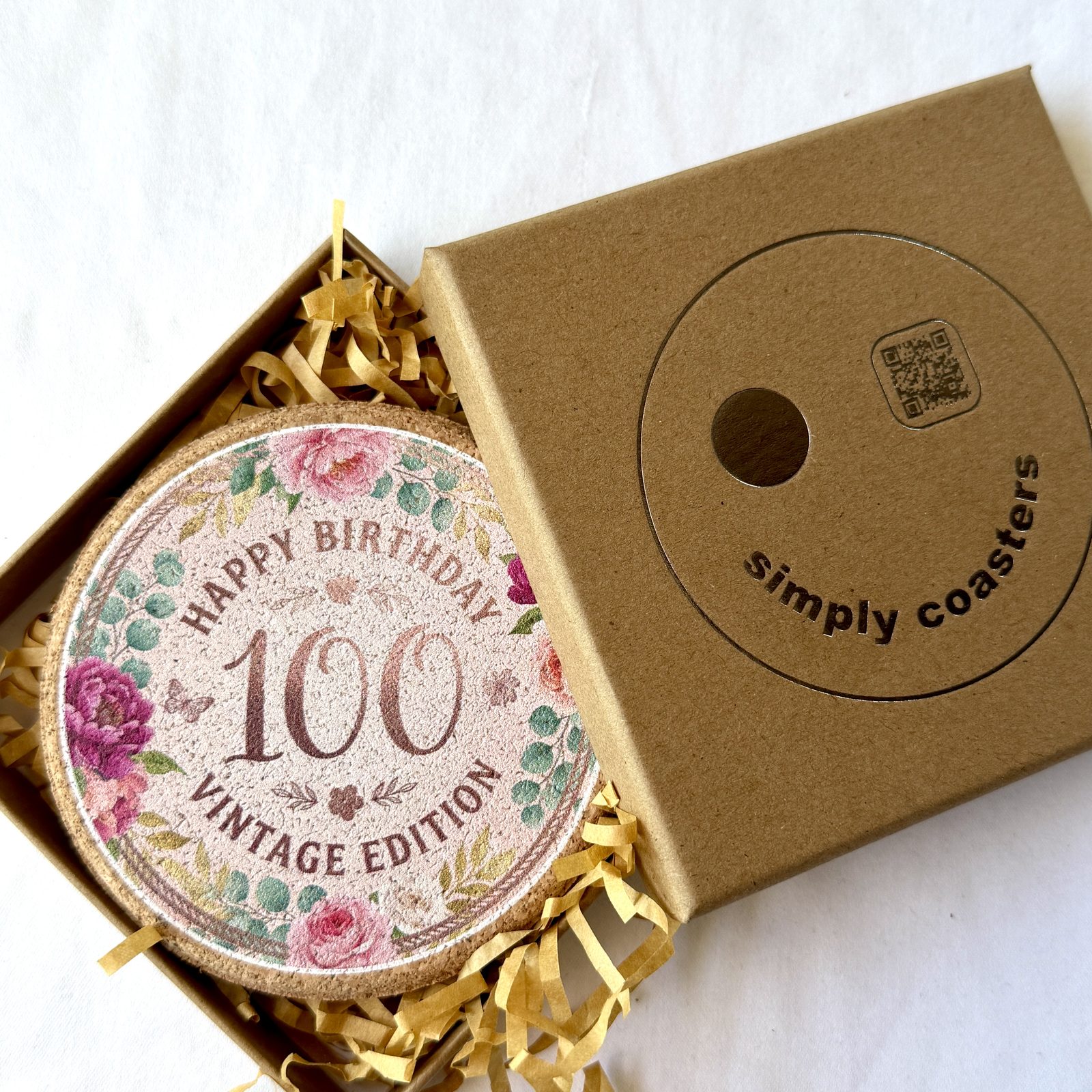 100th Birthday — For Her birthday coaster in Simply Coasters branded Kraft gift box