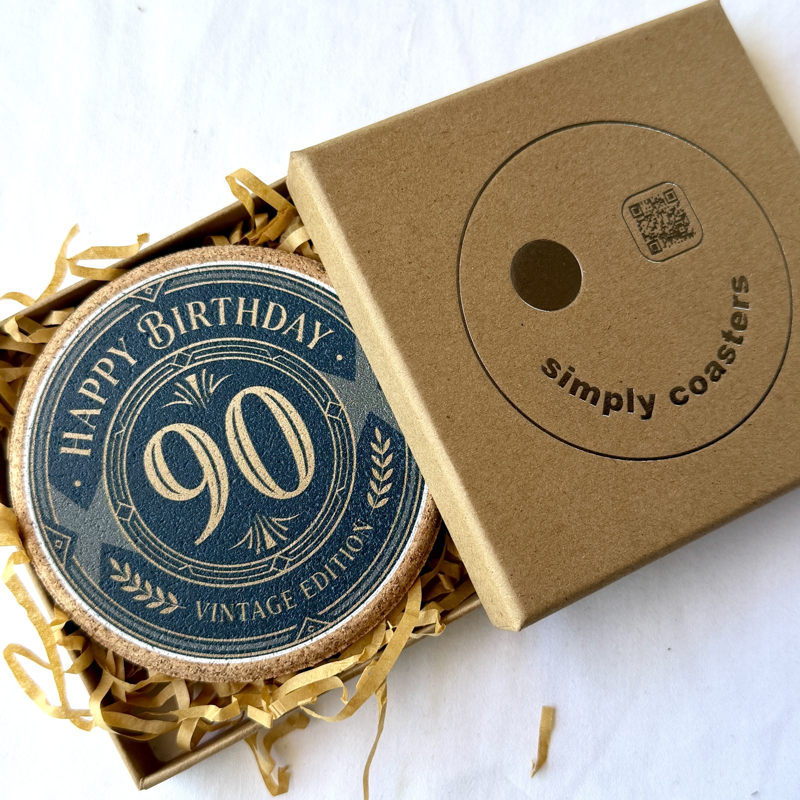 90th Birthday — For Him birthday coaster in Simply Coasters branded Kraft gift box