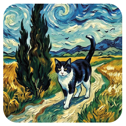 Van Gogh Cat 03 — Van Gogh-style cork coaster