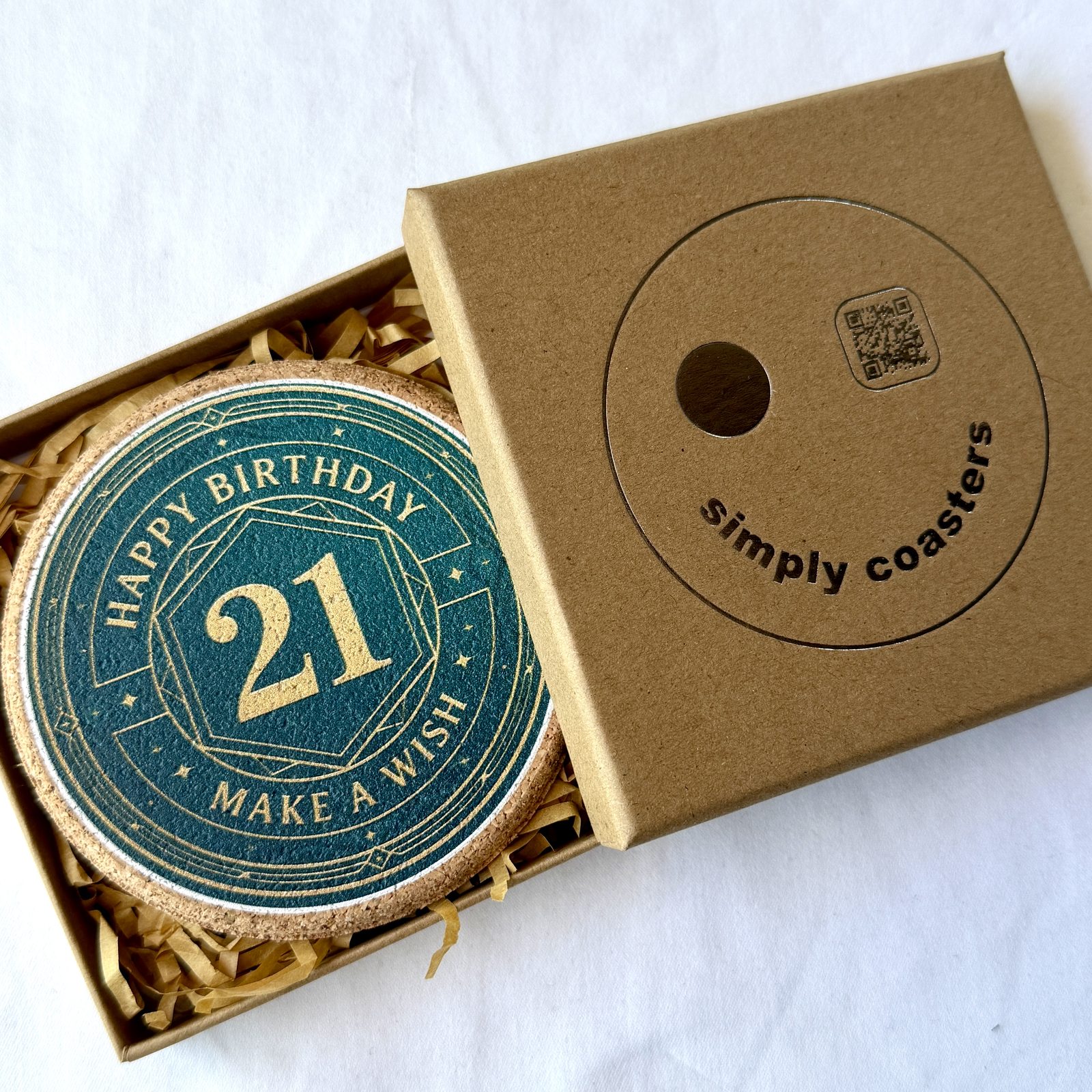 21st Birthday — For Her birthday coaster in Simply Coasters branded Kraft gift box