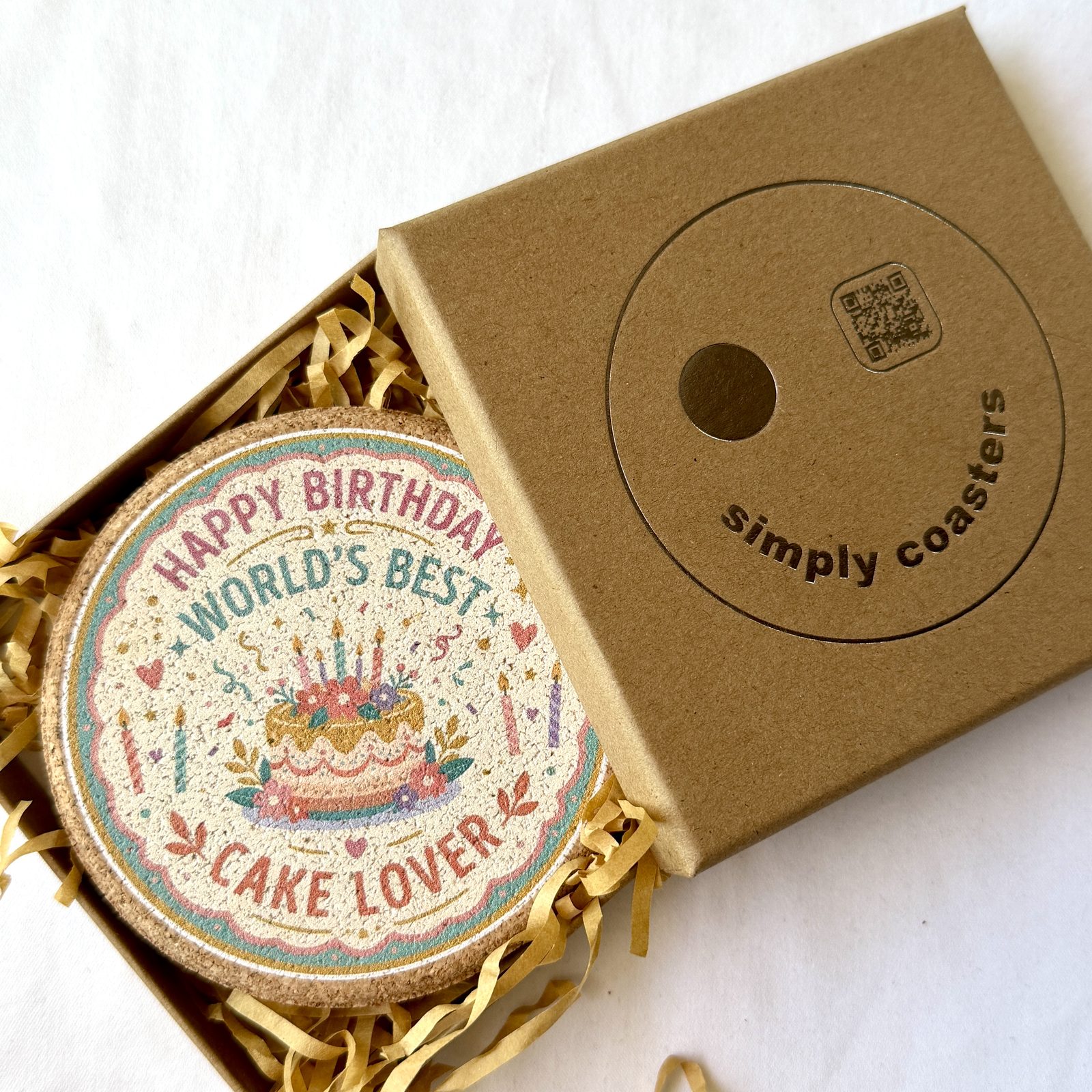 Cake Lover — For Her birthday coaster in Simply Coasters branded Kraft gift box