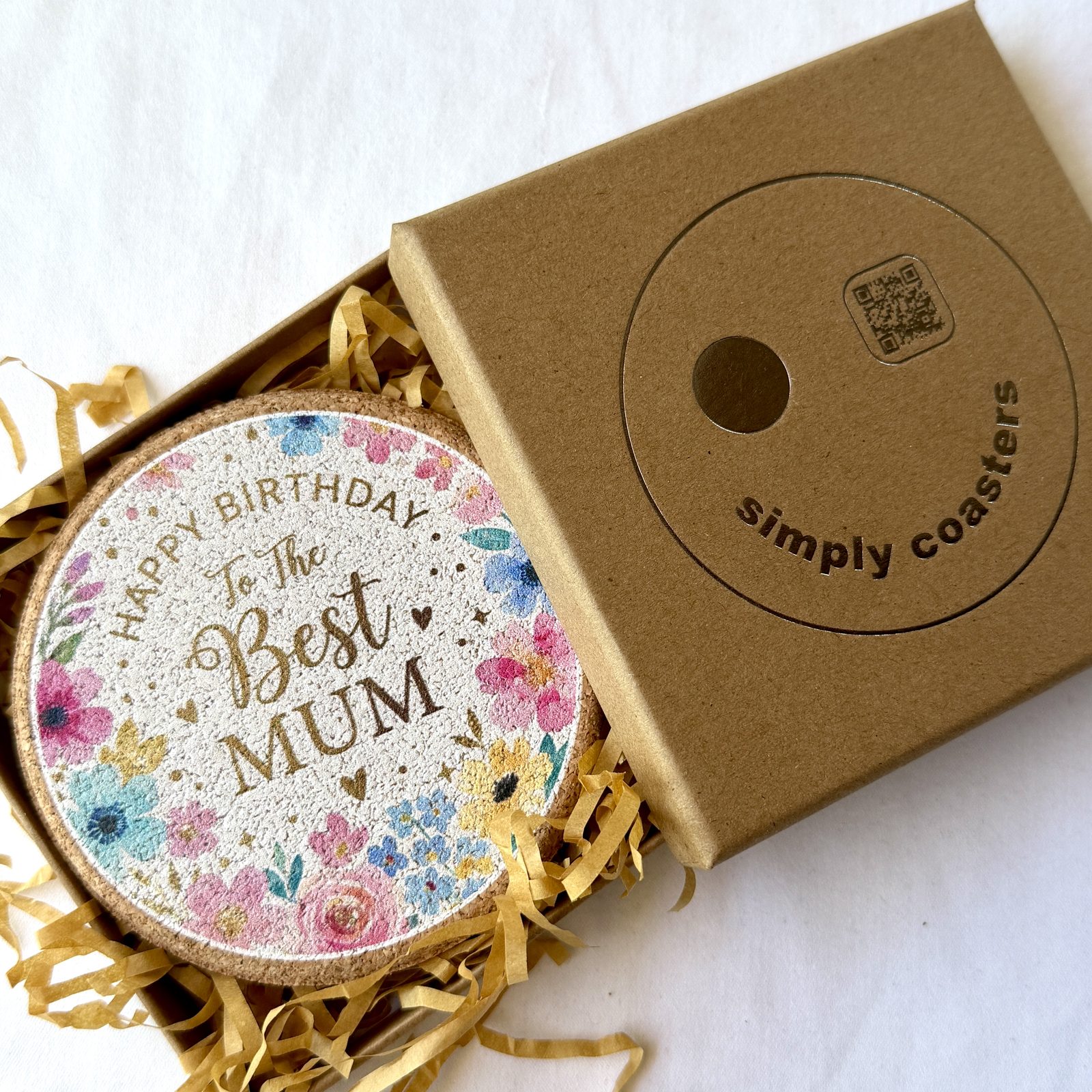 Best Mum — White Floral birthday coaster in Simply Coasters branded Kraft gift box