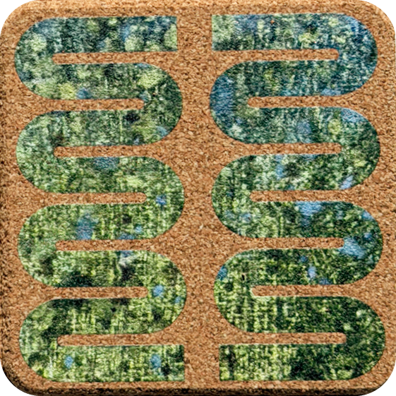 Green & Blue Splatter Squiggle 1 (Square) — designer art coaster on premium cork