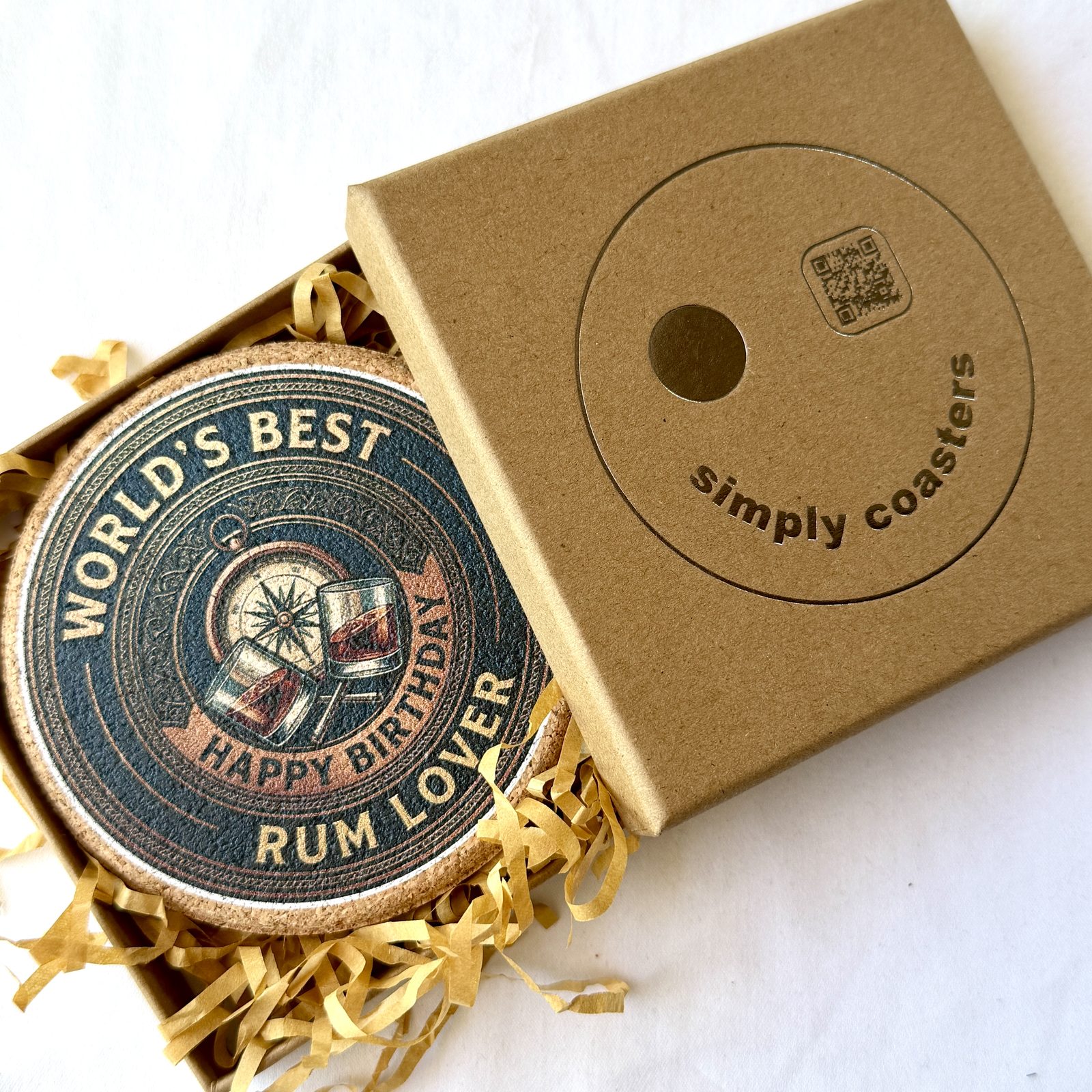 Rum Lover — Copper birthday coaster in Simply Coasters branded Kraft gift box
