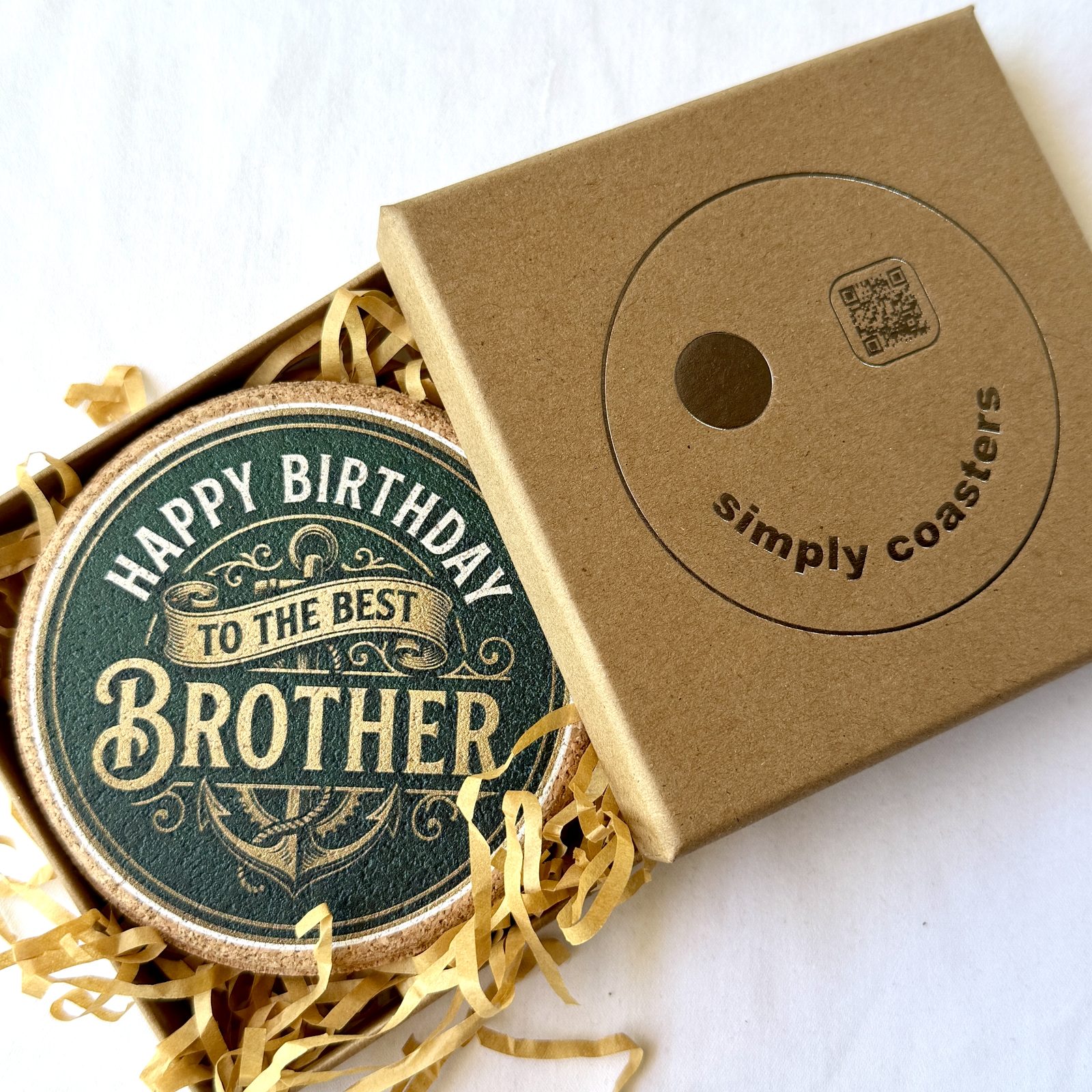 Best Brother — Forest Green birthday coaster in Simply Coasters branded Kraft gift box