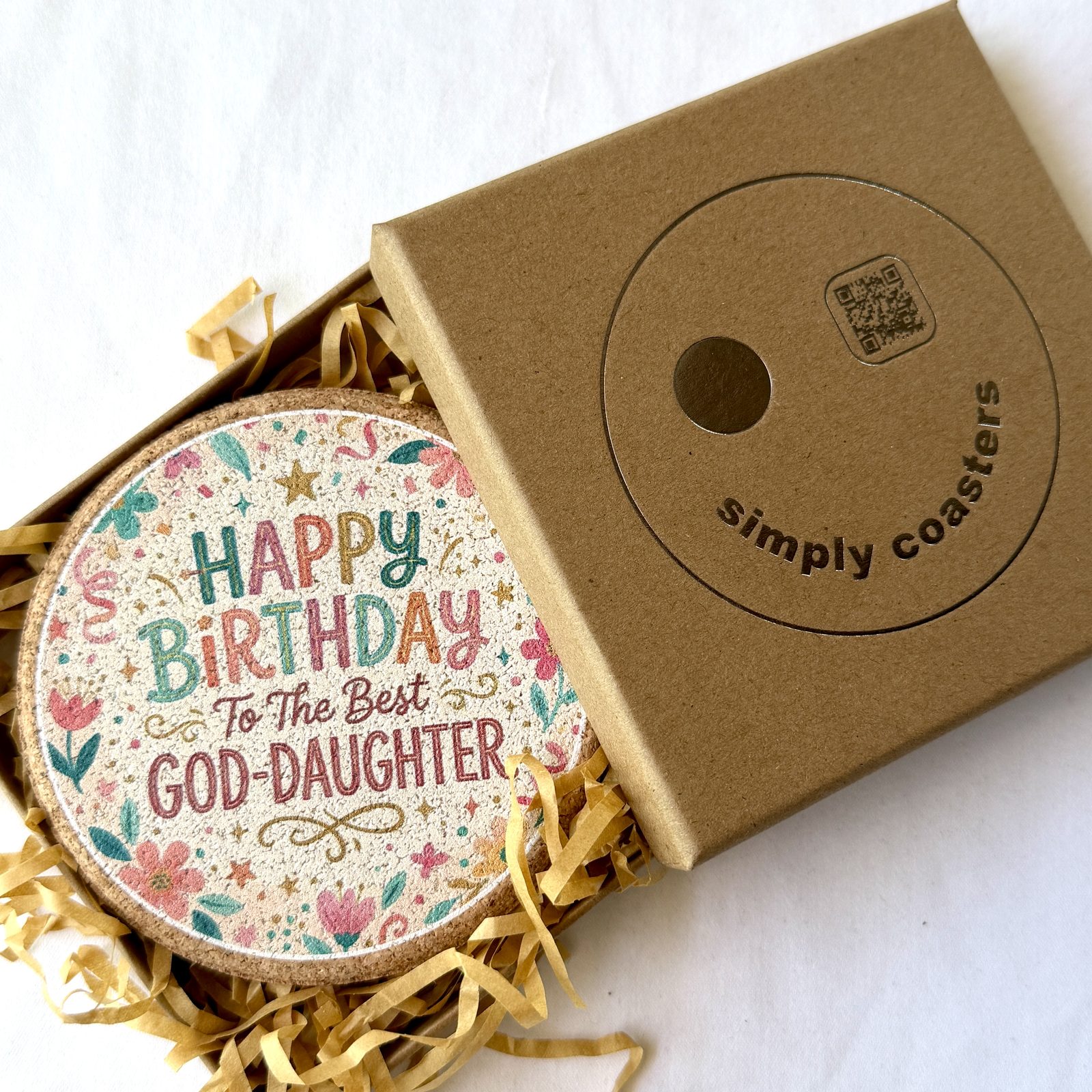 Best God-Daughter — Pastel birthday coaster in Simply Coasters branded Kraft gift box