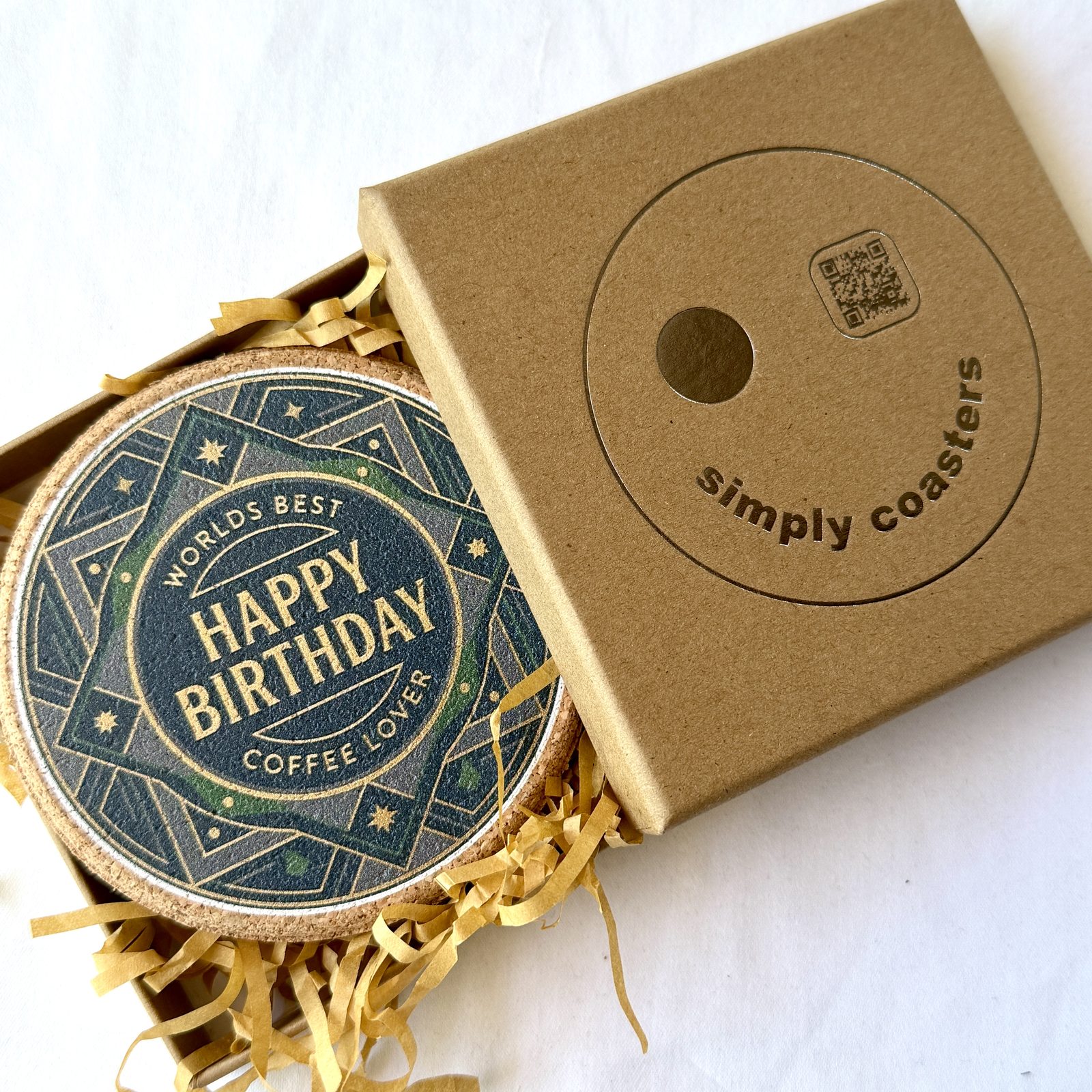 Coffee Lover — For Him birthday coaster in Simply Coasters branded Kraft gift box