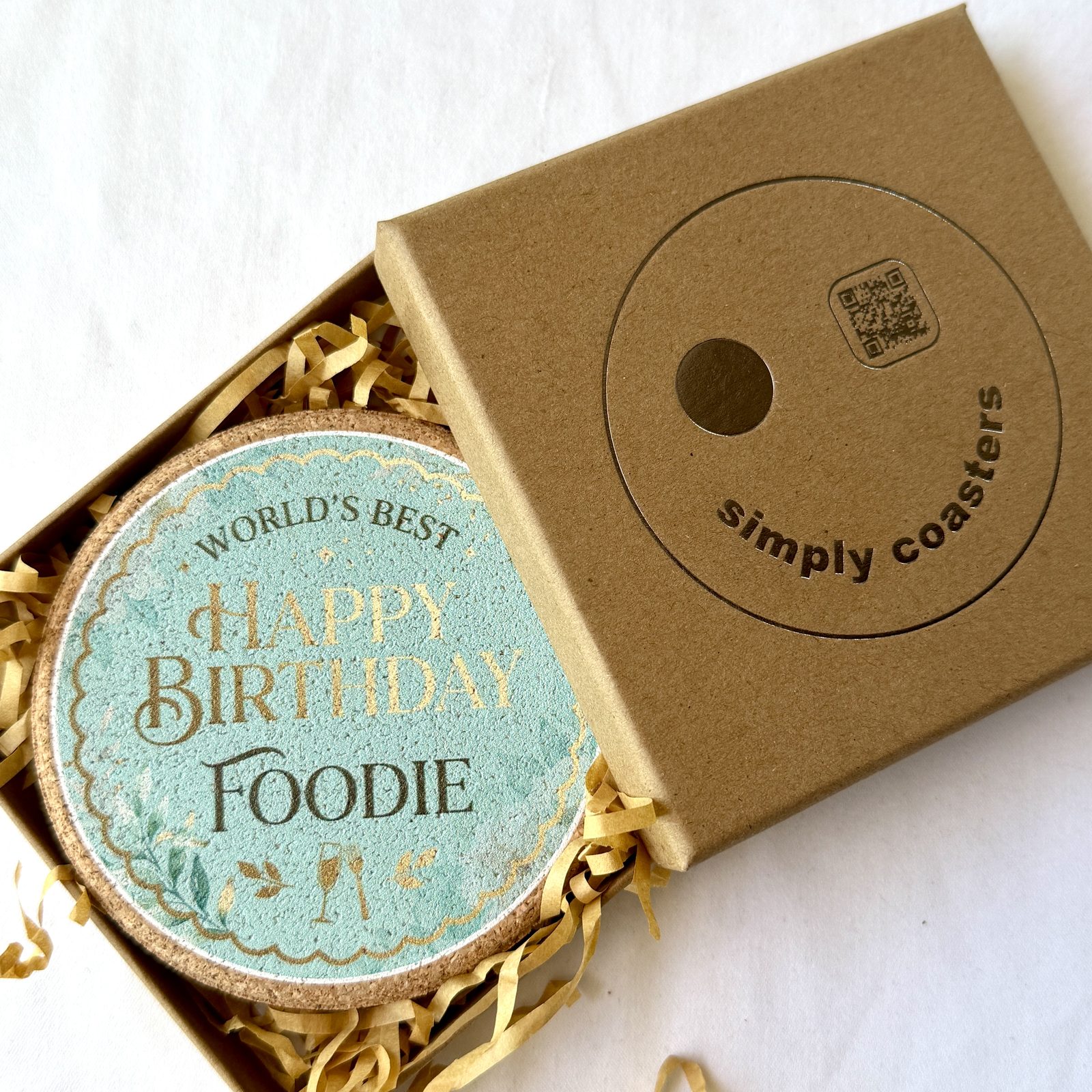Foodie — For Her birthday coaster in Simply Coasters branded Kraft gift box