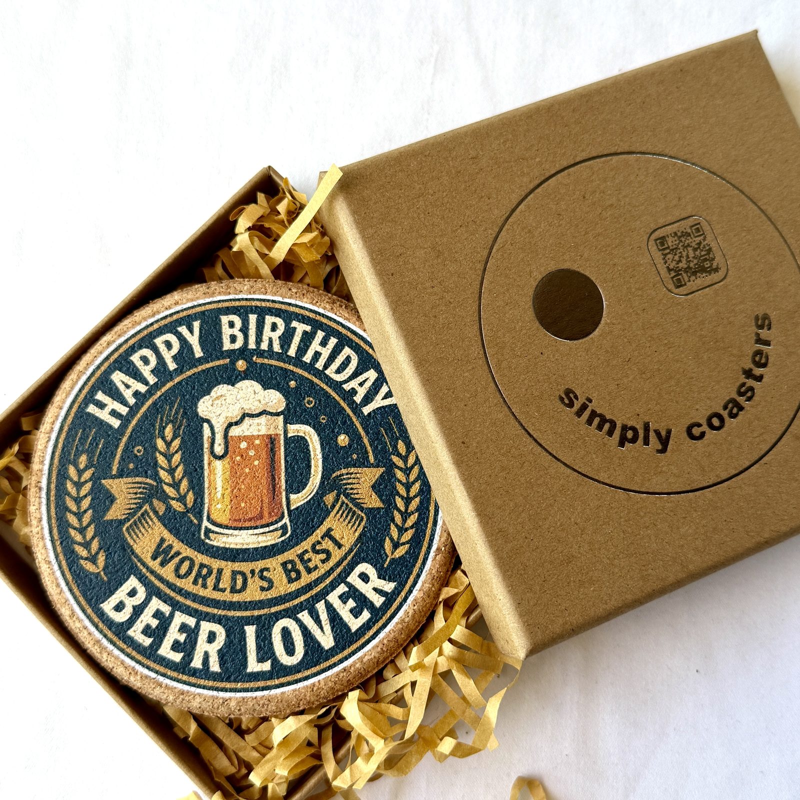 Beer Lover — For Him birthday coaster in Simply Coasters branded Kraft gift box