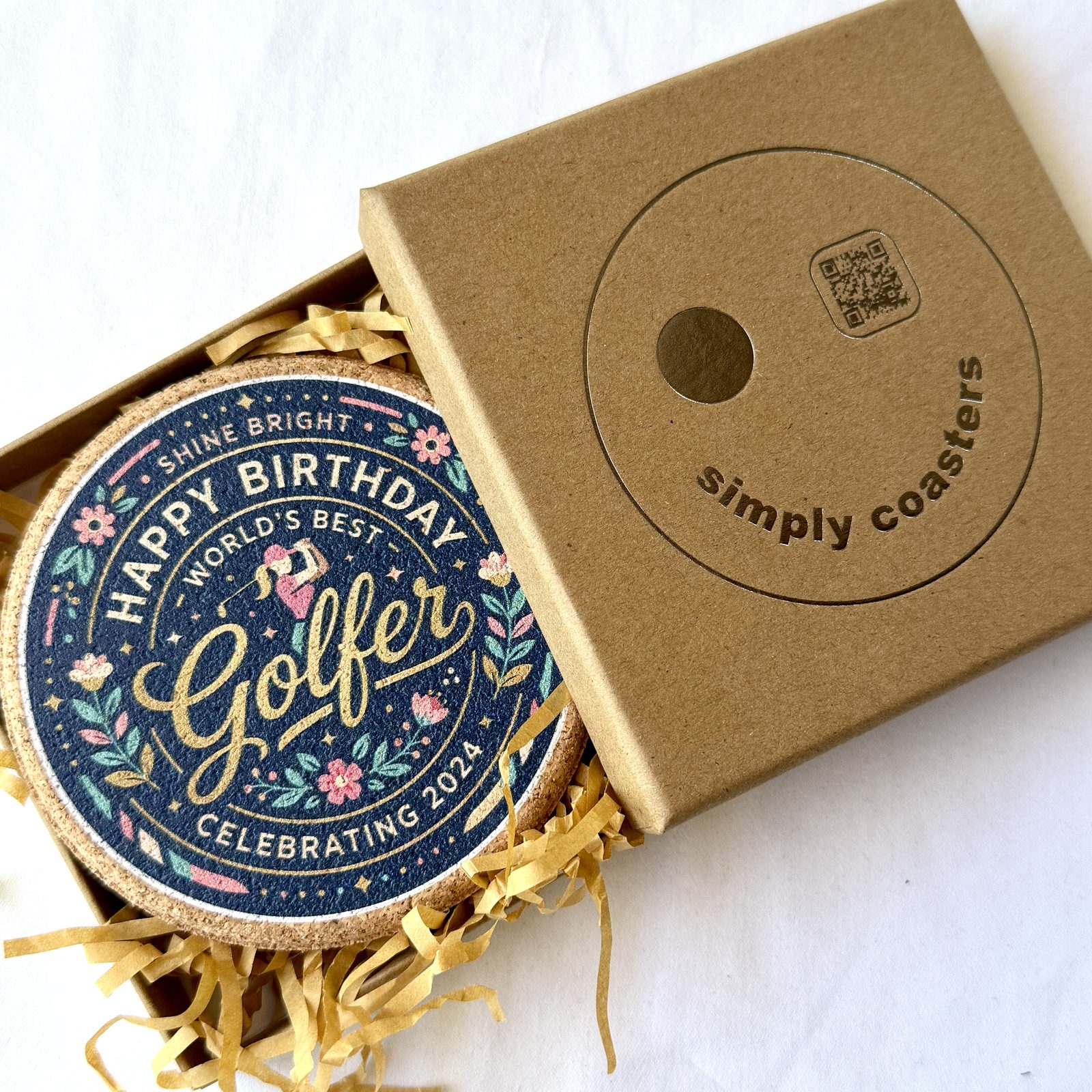 Golfer — For Her birthday coaster in Simply Coasters branded Kraft gift box