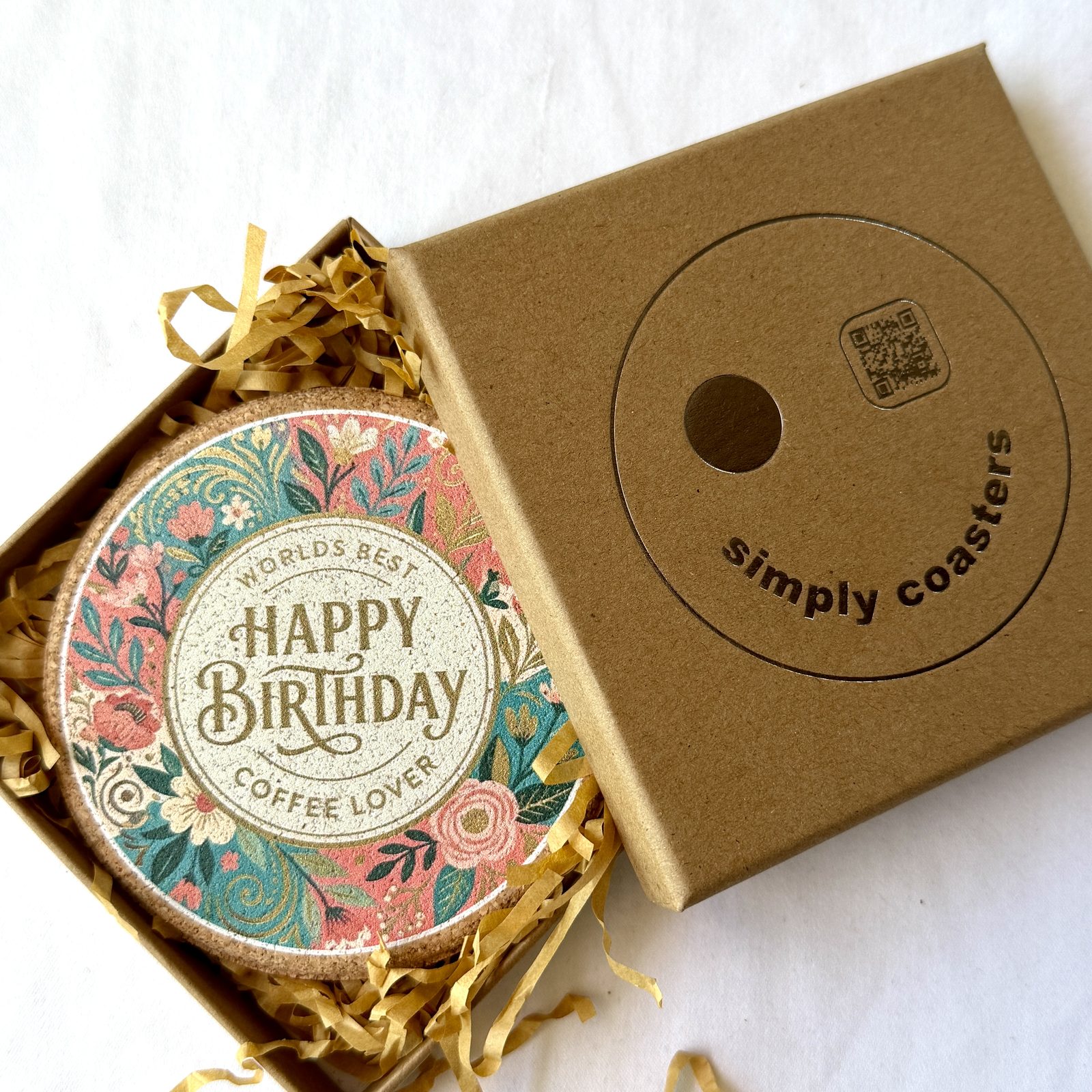 Coffee Lover — For Her birthday coaster in Simply Coasters branded Kraft gift box