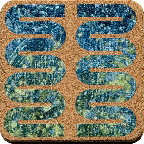 Green & Blue Splatter Squiggle 4 (Square) — designer art coaster on premium cork