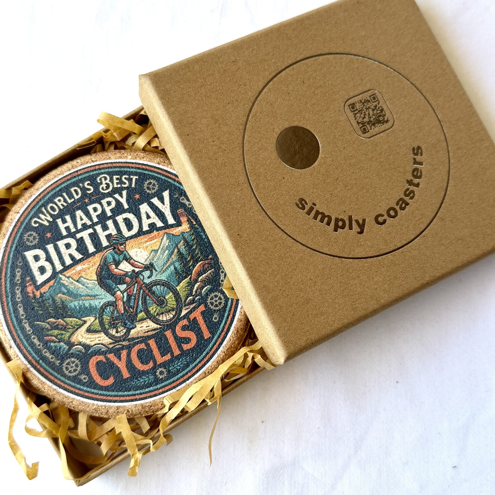 Cyclist — For Him birthday coaster in Simply Coasters branded Kraft gift box