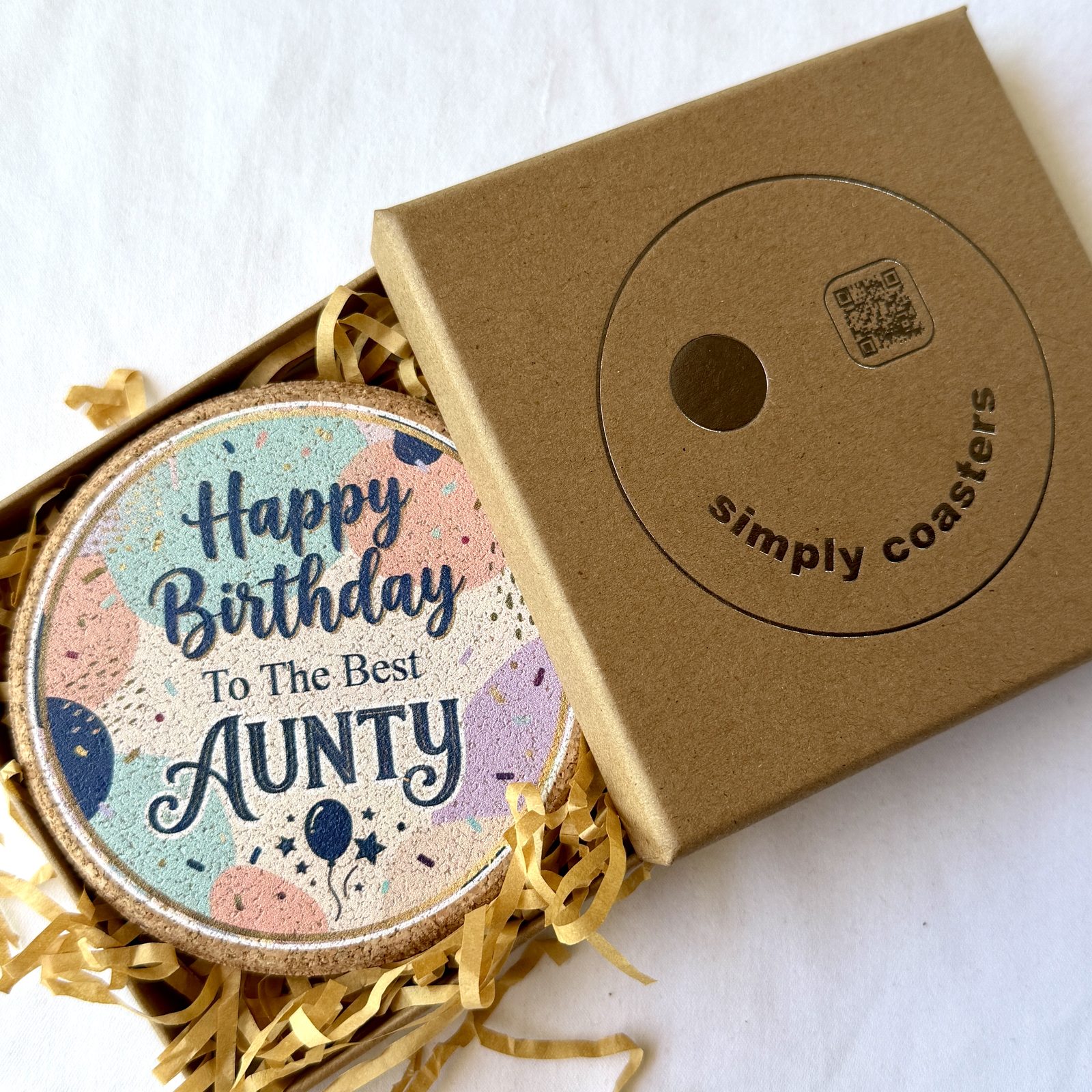 Best Aunty — Terrazzo birthday coaster in Simply Coasters branded Kraft gift box