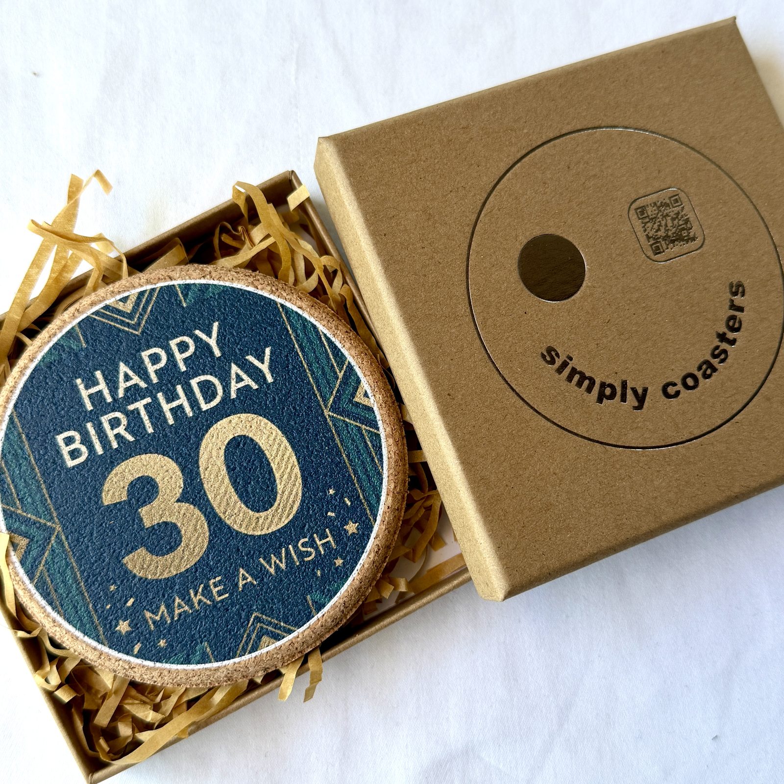 30th Birthday — For Him birthday coaster in Simply Coasters branded Kraft gift box