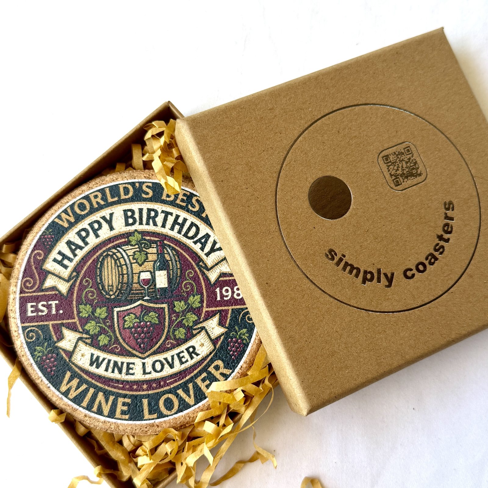 Wine Lover — For Him birthday coaster in Simply Coasters branded Kraft gift box