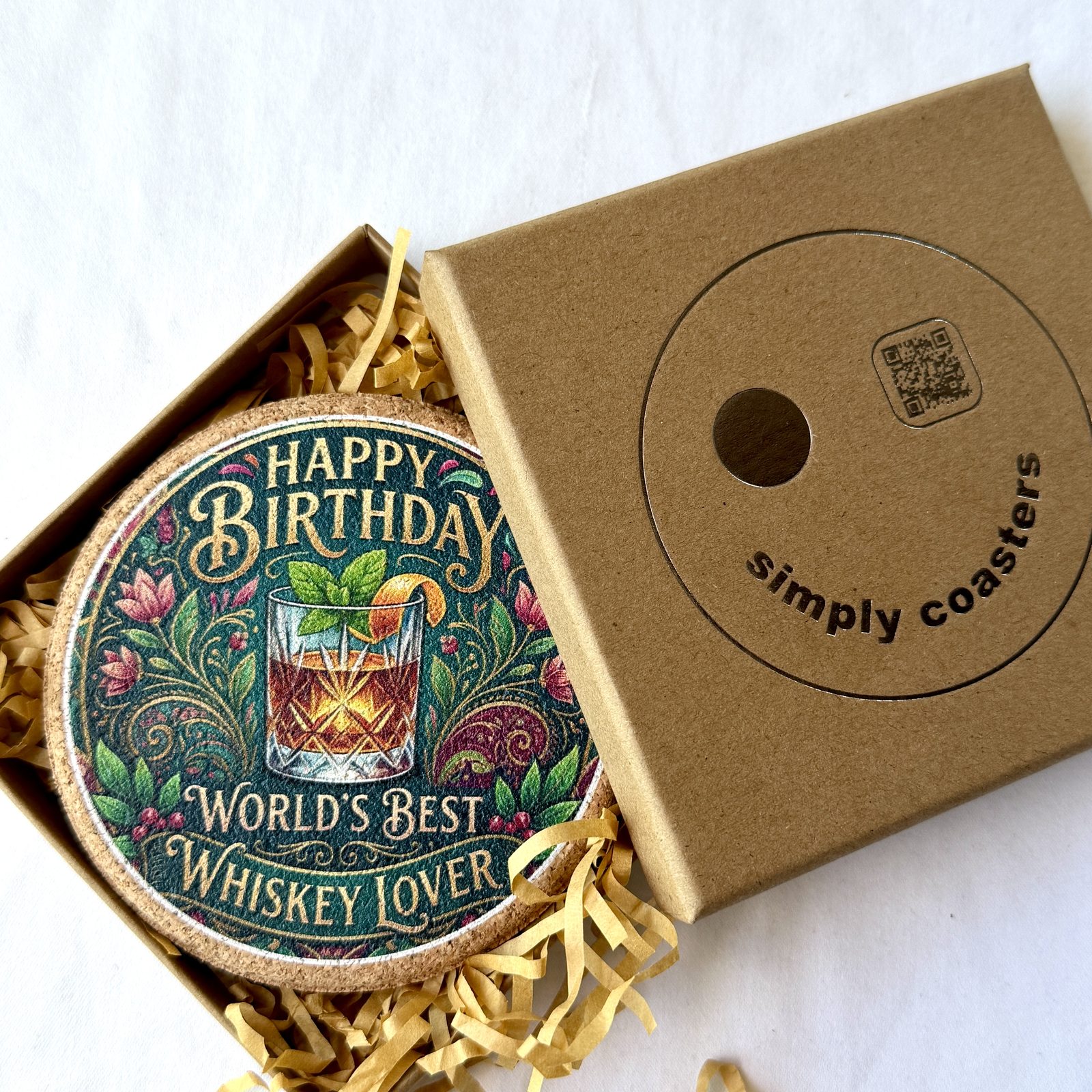 Whiskey Lover — For Her birthday coaster in Simply Coasters branded Kraft gift box