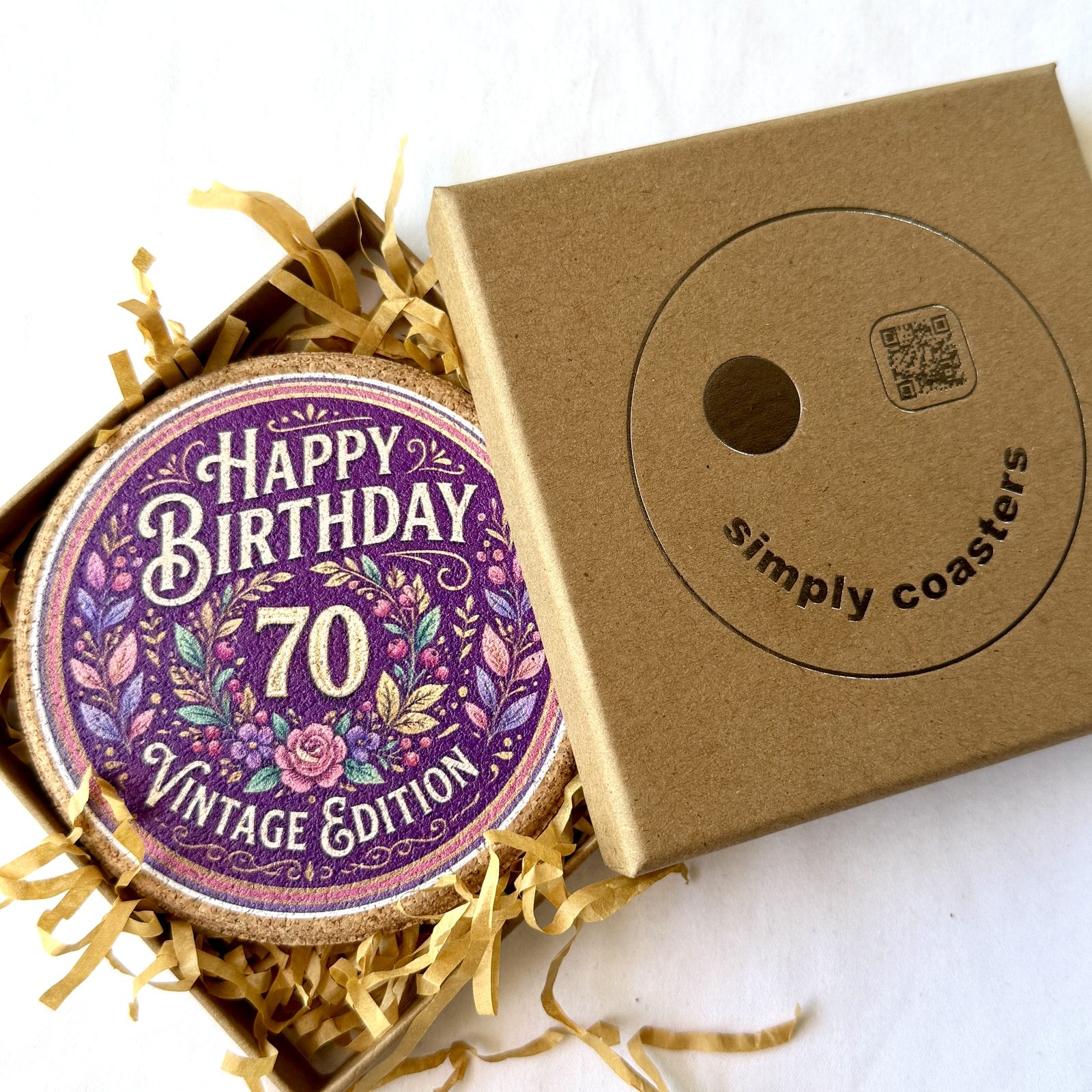 70th Birthday — For Her birthday coaster in Simply Coasters branded Kraft gift box