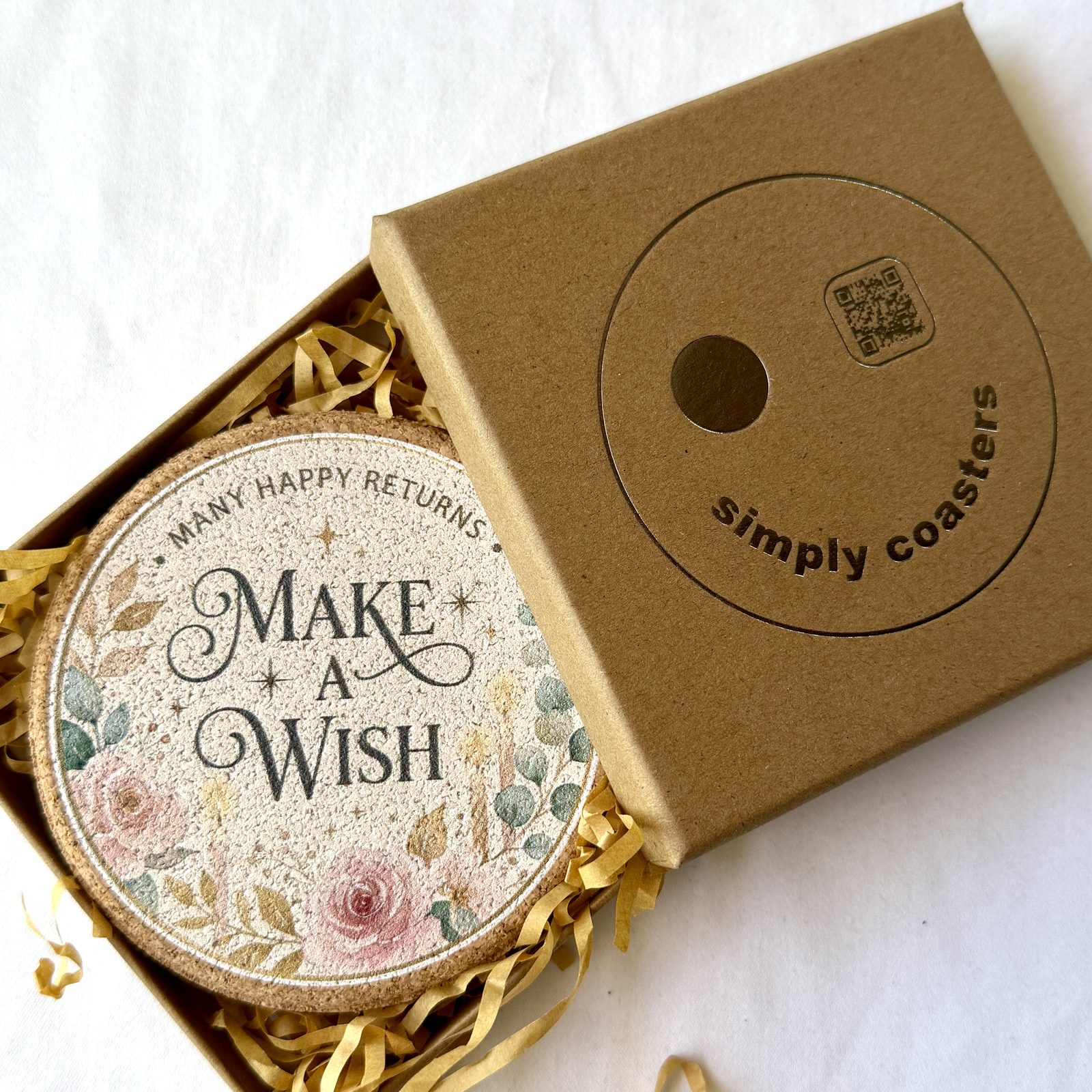 Make A Wish — Classic birthday coaster in Simply Coasters branded Kraft gift box