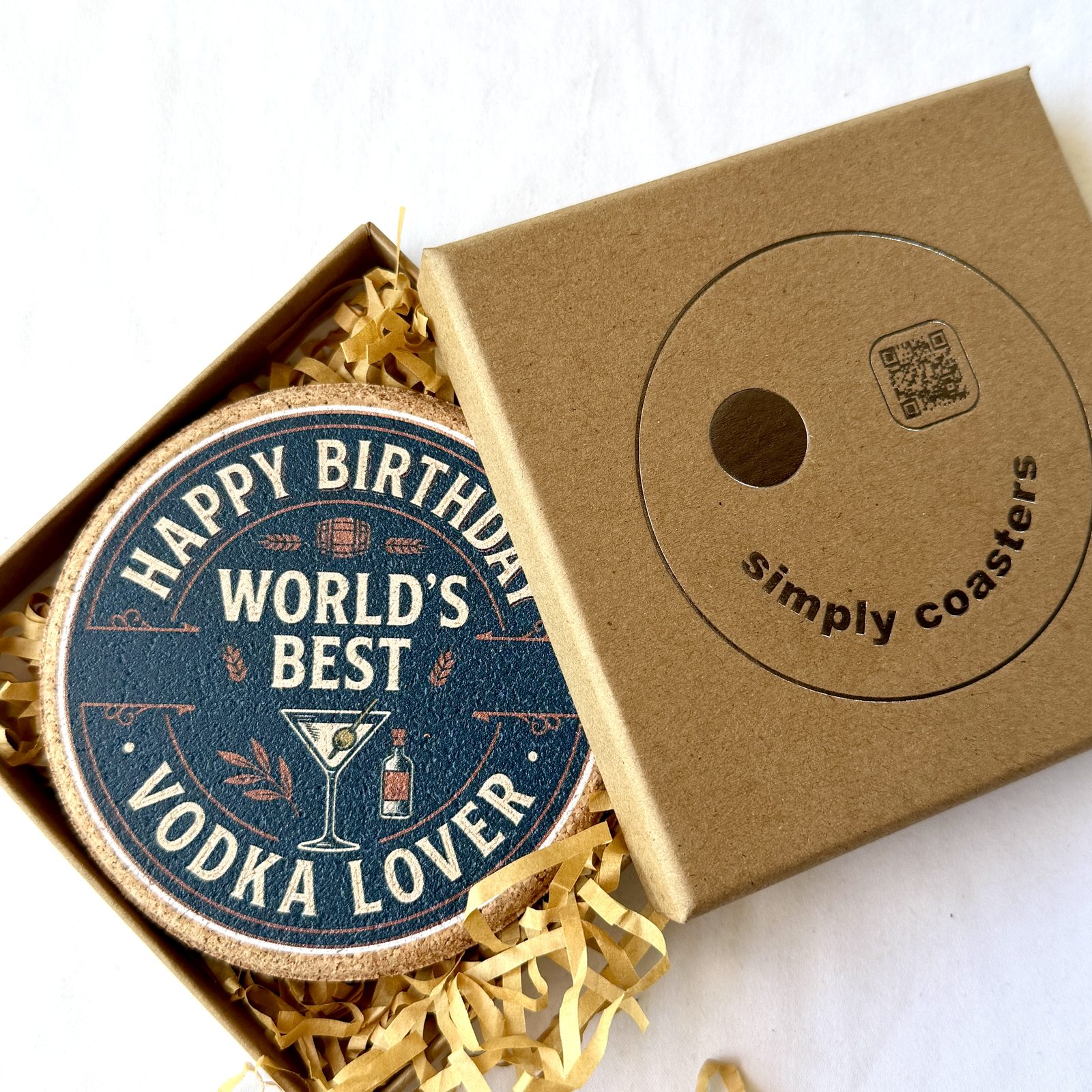 Vodka Lover — For Him birthday coaster in Simply Coasters branded Kraft gift box