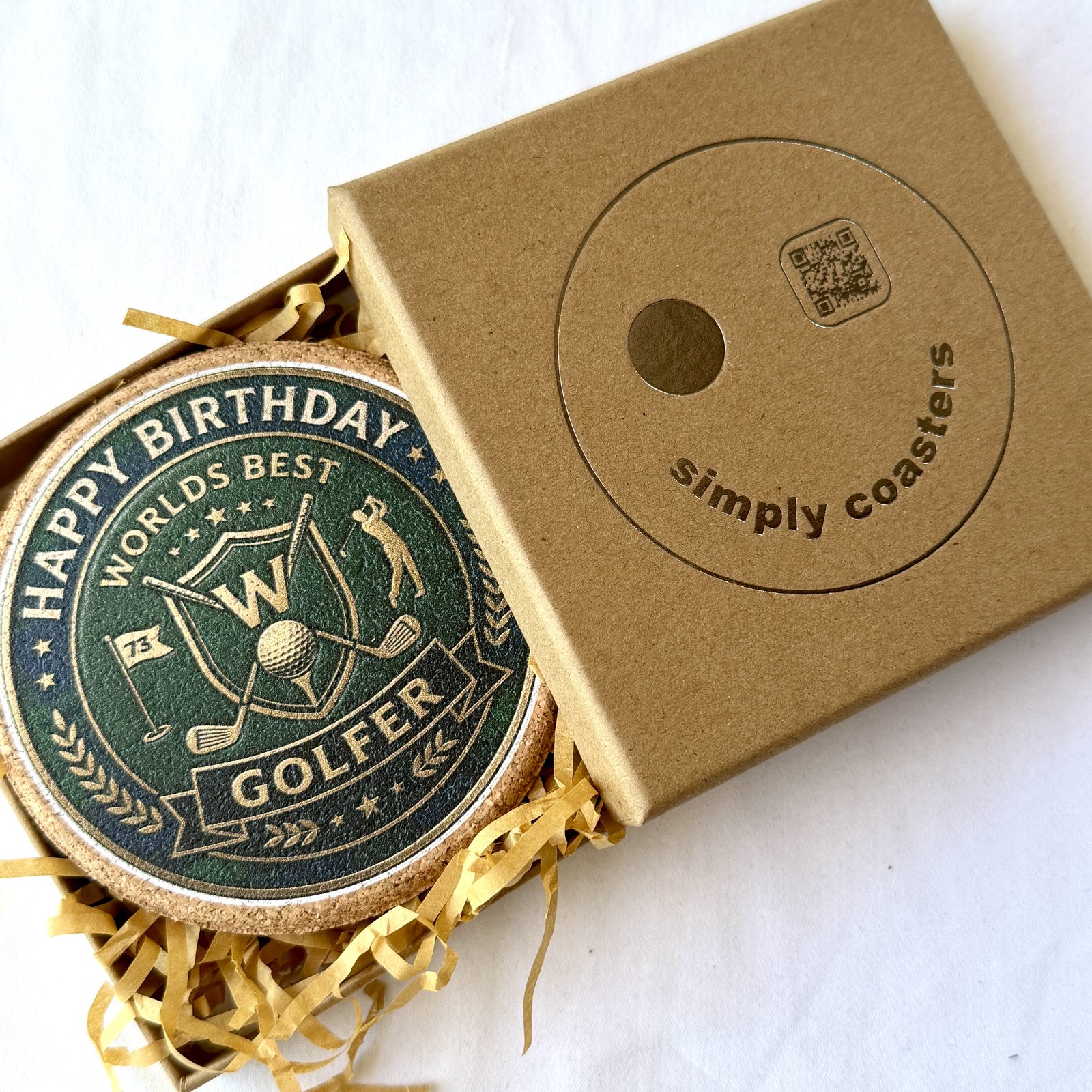 Golfer — For Him birthday coaster in Simply Coasters branded Kraft gift box