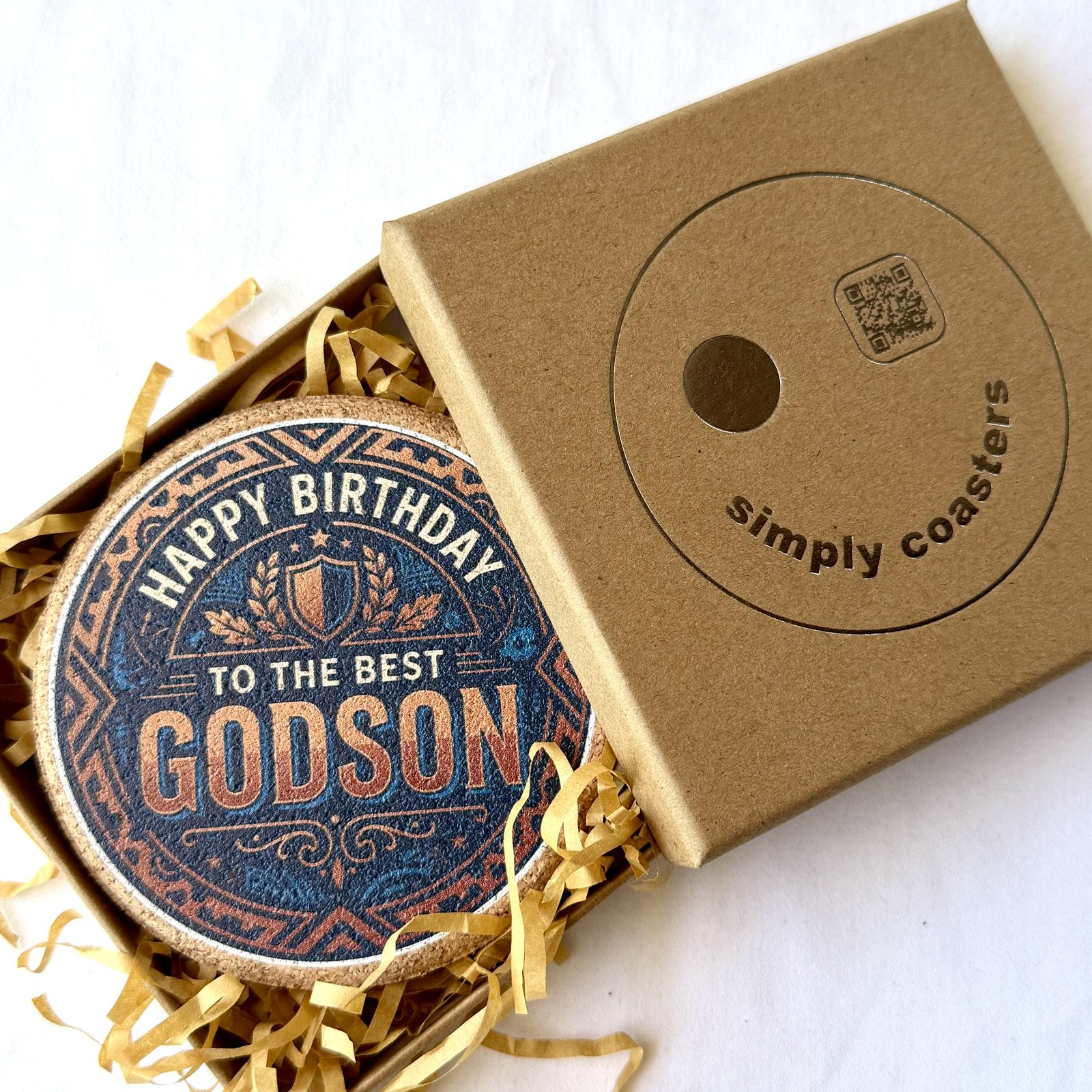 Best Godson — Navy & Orange birthday coaster in Simply Coasters branded Kraft gift box