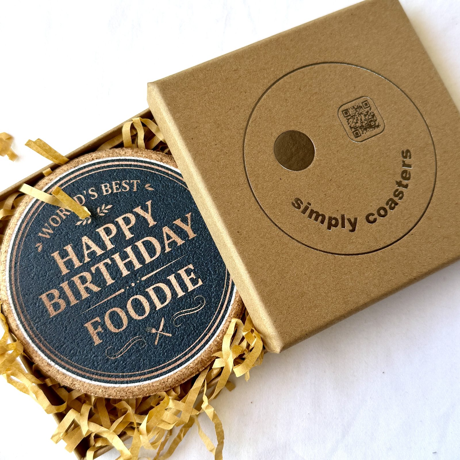 Foodie — For Him birthday coaster in Simply Coasters branded Kraft gift box