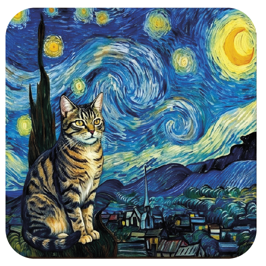 Van Gogh Cat 01 — Van Gogh-style cork coaster