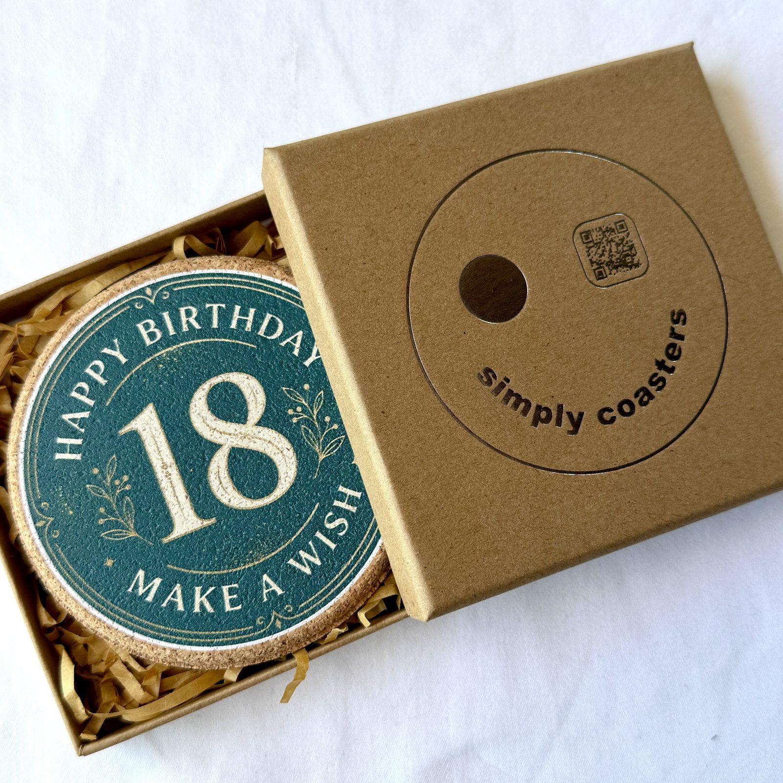 18th Birthday — For Her birthday coaster in Simply Coasters branded Kraft gift box