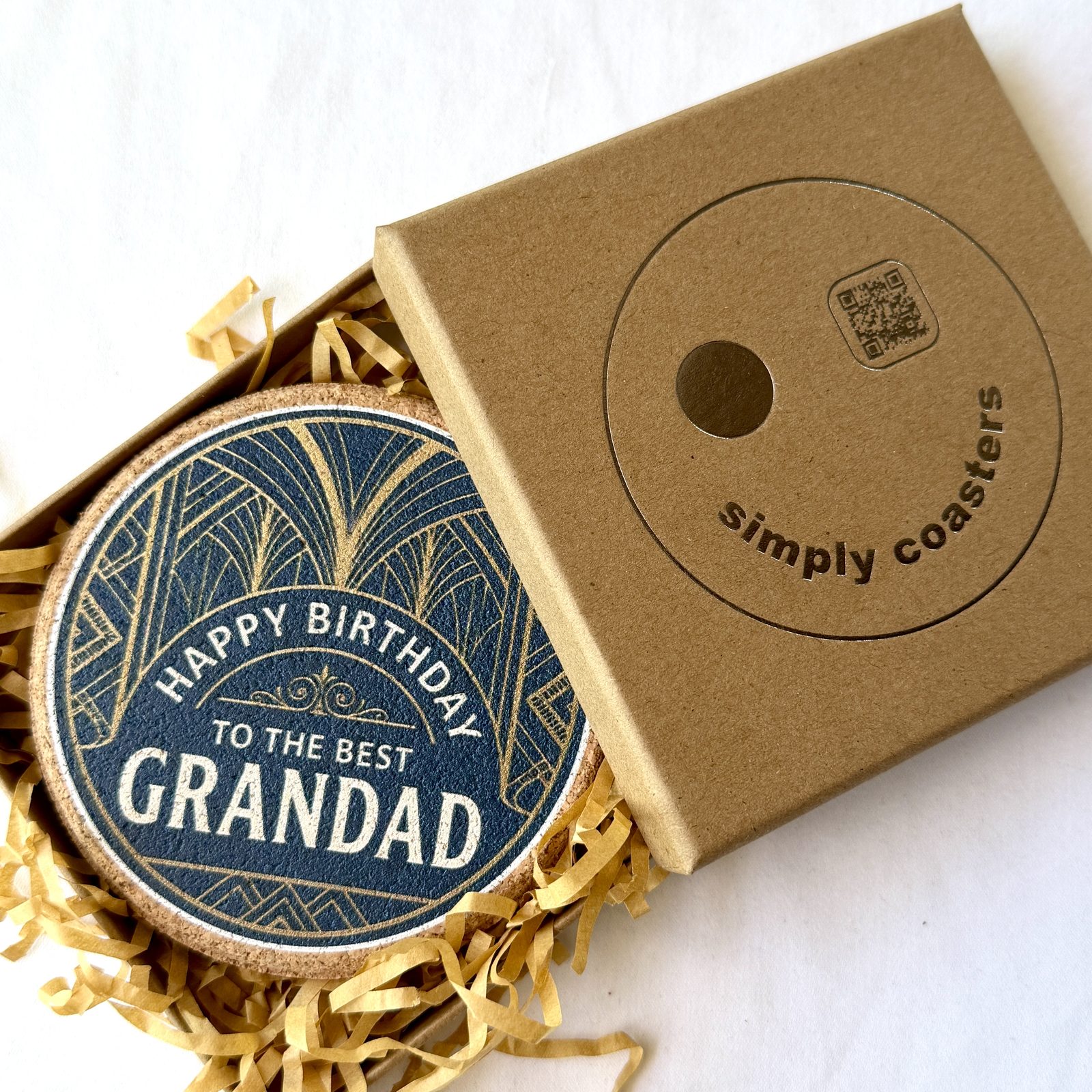 Best Grandad — Art Deco Navy birthday coaster in Simply Coasters branded Kraft gift box