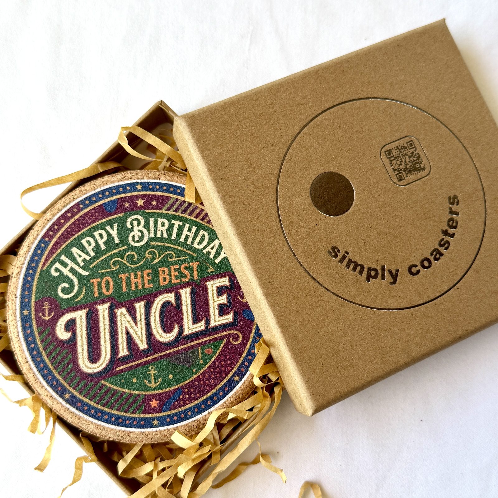 Best Uncle — Green & Red birthday coaster in Simply Coasters branded Kraft gift box