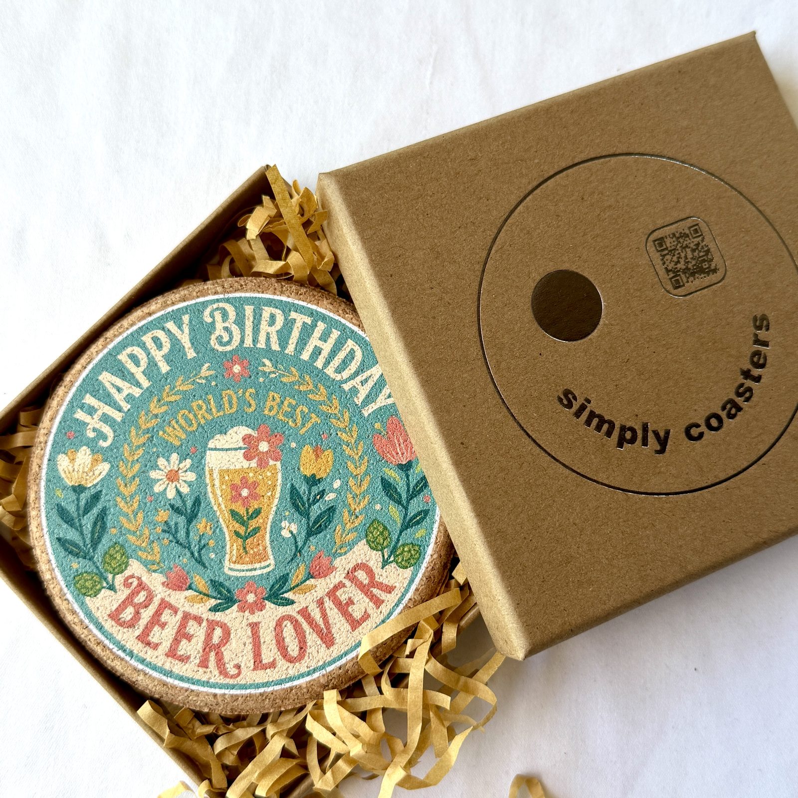 Beer Lover — For Her birthday coaster in Simply Coasters branded Kraft gift box