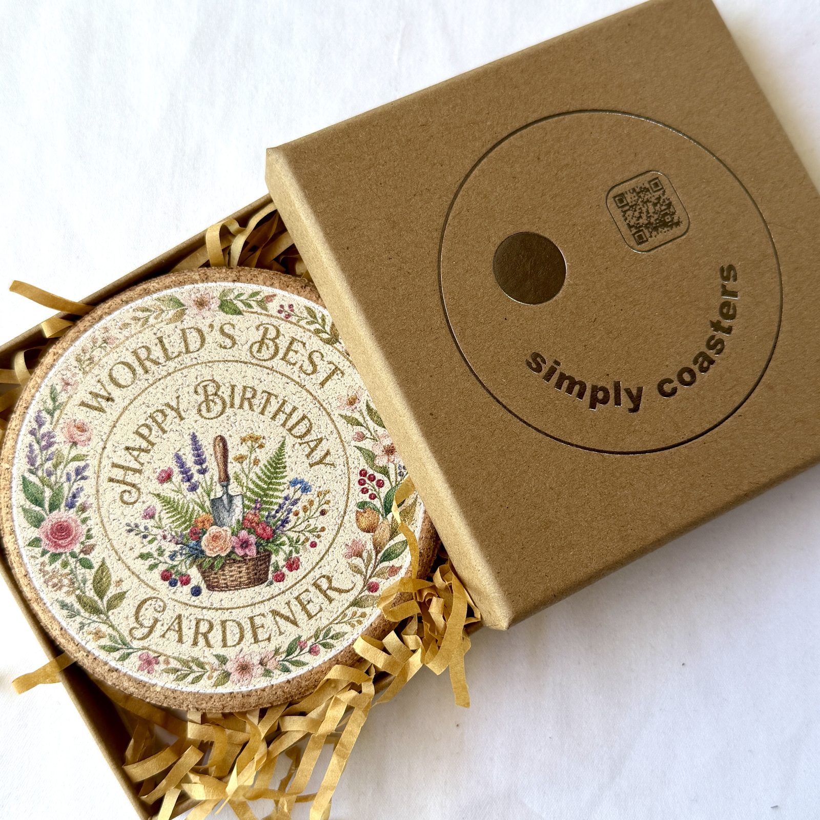 Gardener — For Her birthday coaster in Simply Coasters branded Kraft gift box
