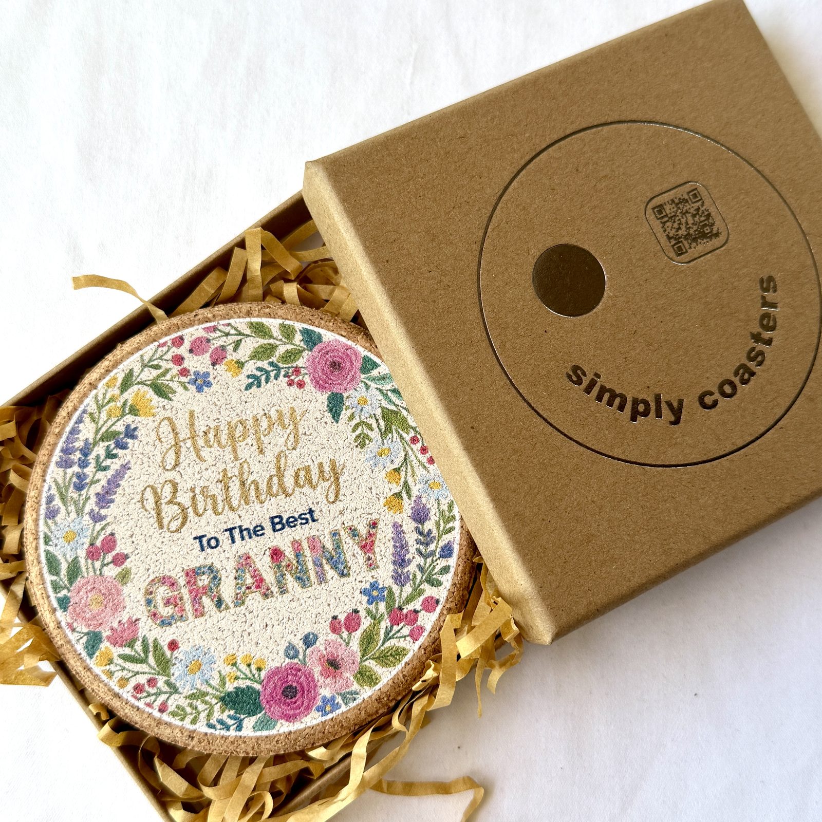 Best Granny — Floral birthday coaster in Simply Coasters branded Kraft gift box