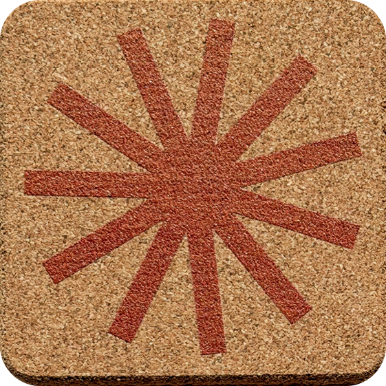 Burnt Ochre Sunburst 1 (Square) — designer art coaster on premium cork