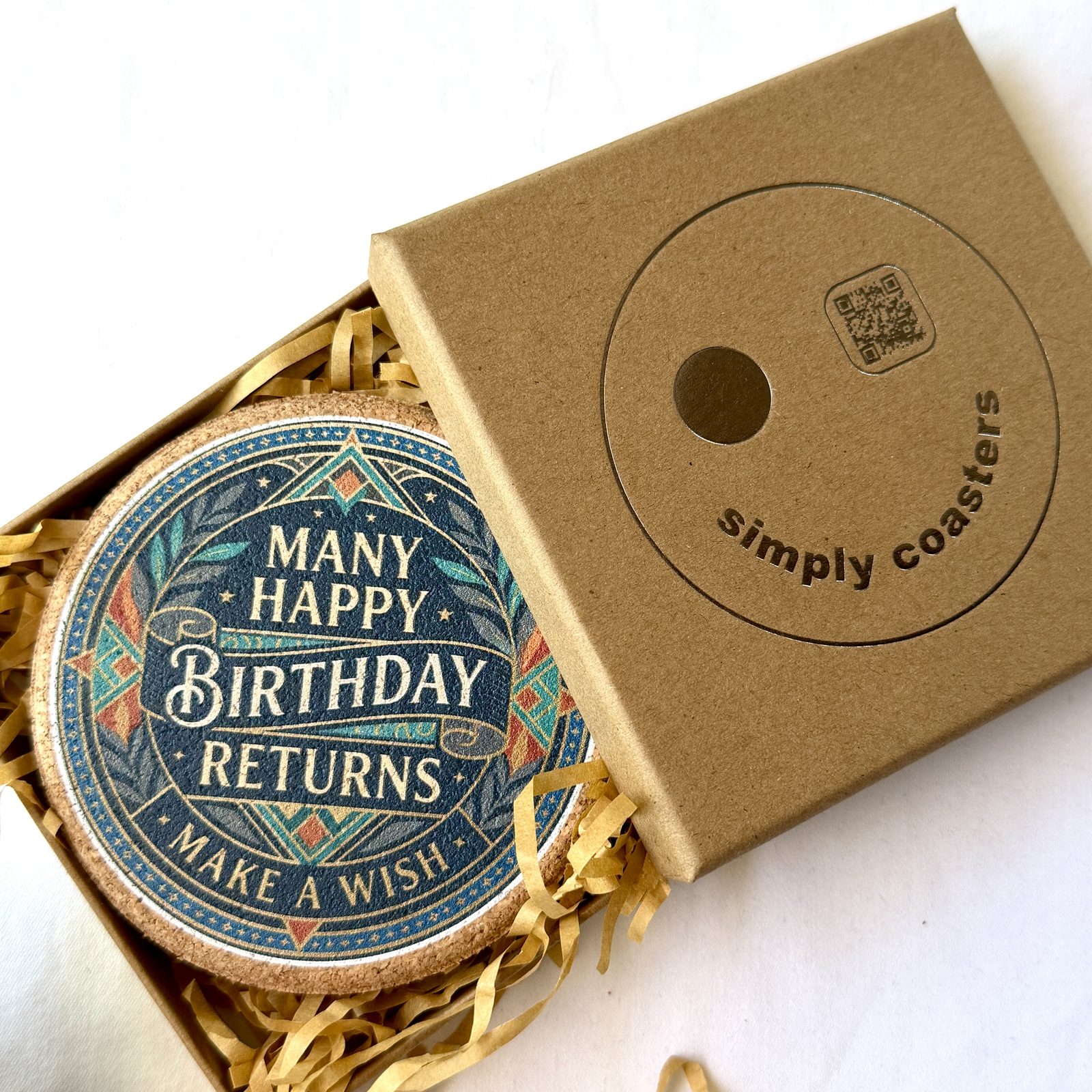 Many Happy Returns birthday coaster in Simply Coasters branded Kraft gift box