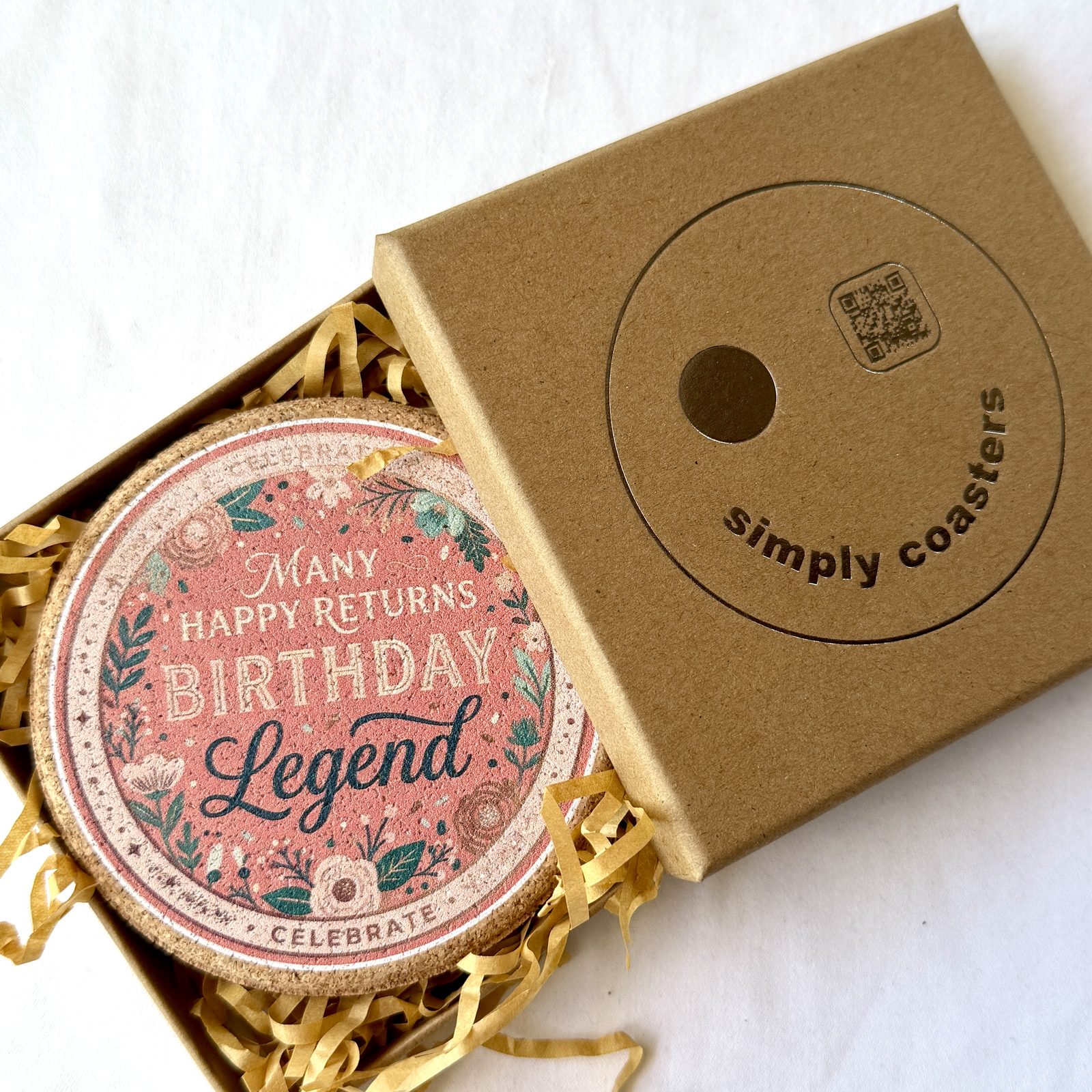 Birthday Legend — For Her birthday coaster in Simply Coasters branded Kraft gift box