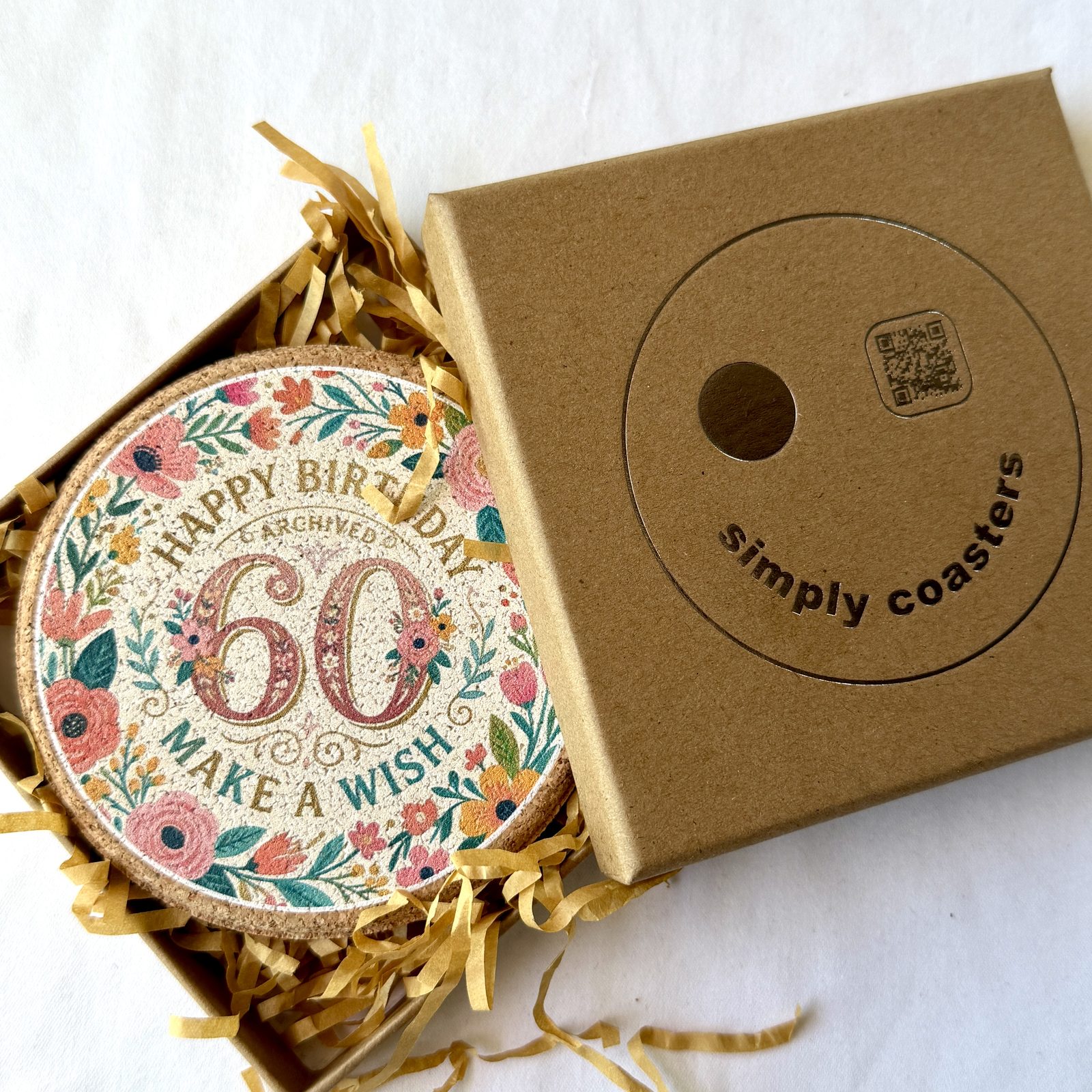 60th Birthday — For Her birthday coaster in Simply Coasters branded Kraft gift box
