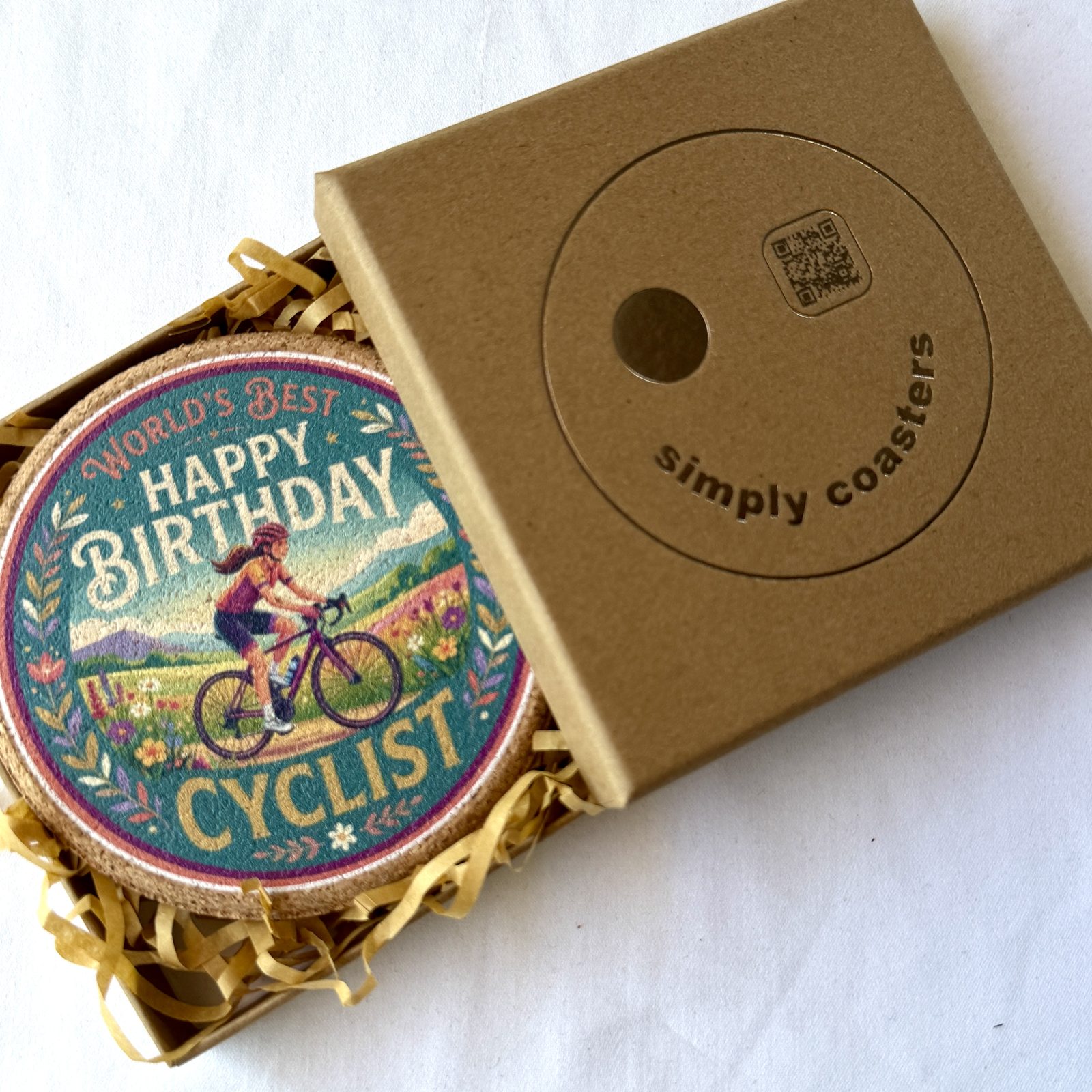 Cyclist — For Her birthday coaster in Simply Coasters branded Kraft gift box