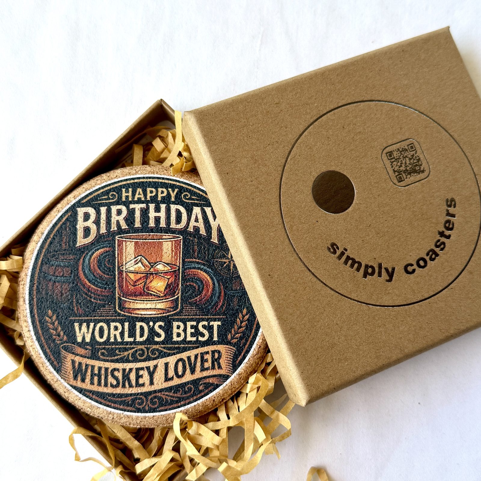 Whiskey Lover — For Him birthday coaster in Simply Coasters branded Kraft gift box