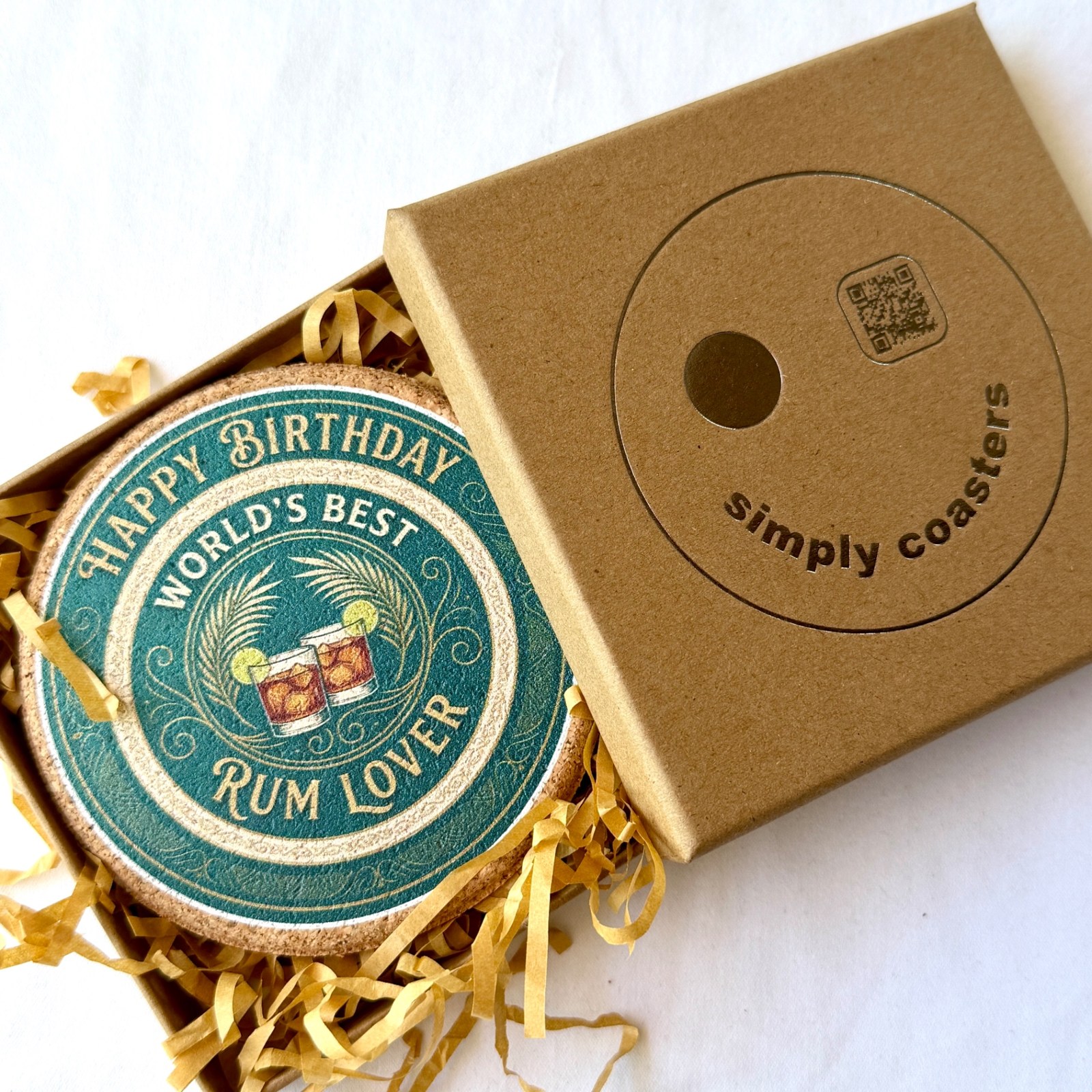 Rum Lover — Teal birthday coaster in Simply Coasters branded Kraft gift box