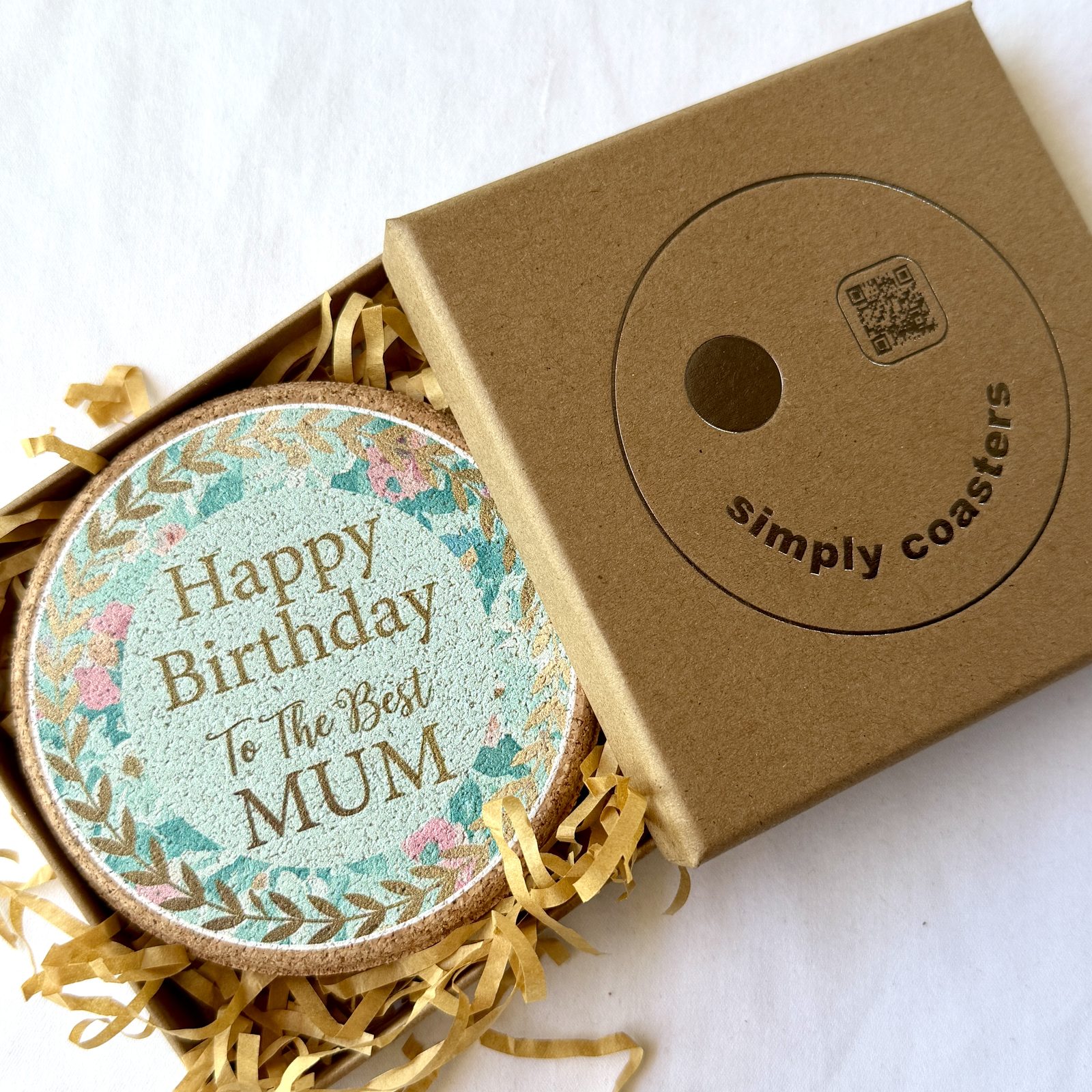 Best Mum — Mint Floral birthday coaster in Simply Coasters branded Kraft gift box