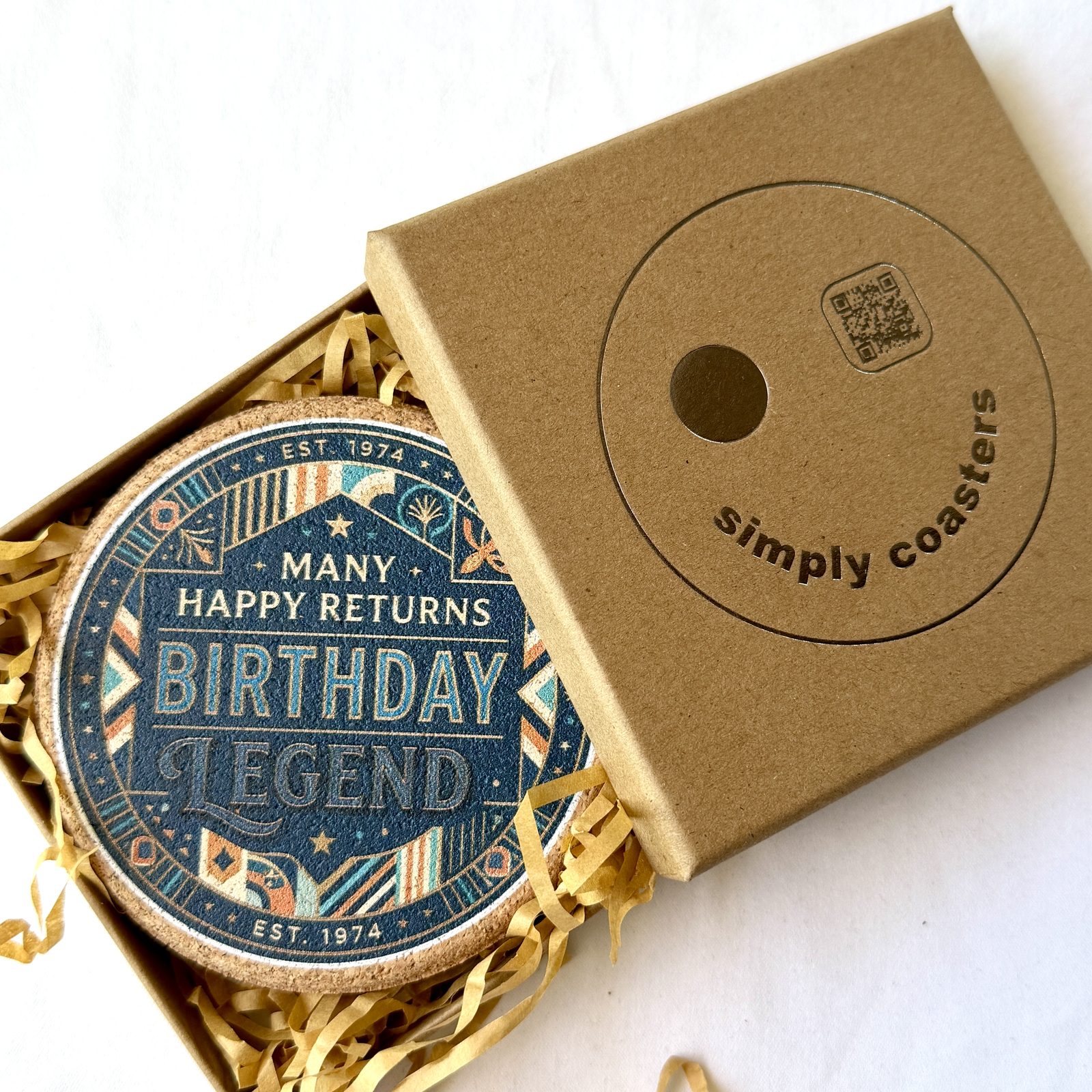 Birthday Legend — For Him birthday coaster in Simply Coasters branded Kraft gift box
