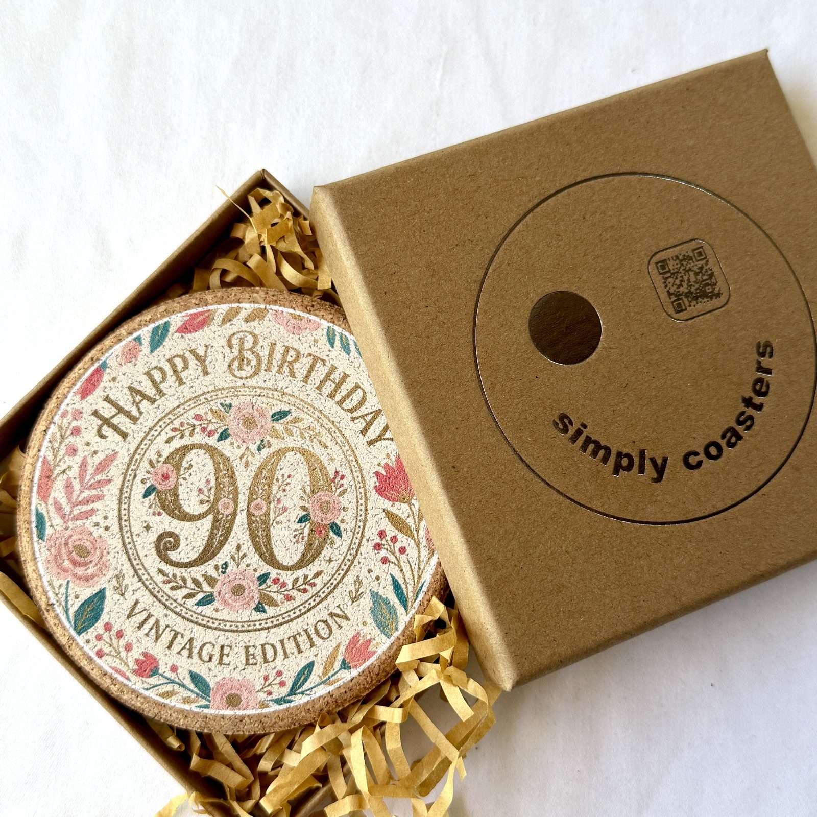 90th Birthday — For Her birthday coaster in Simply Coasters branded Kraft gift box